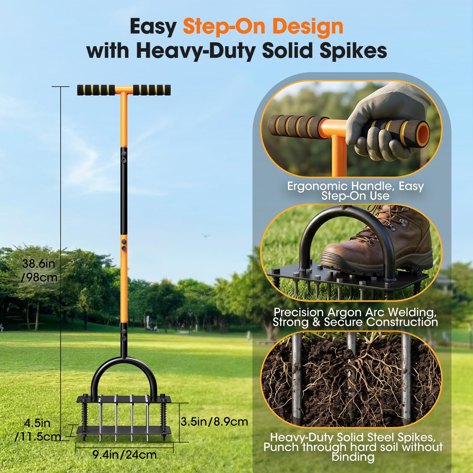Rasenlüfter Aerifizierer für Rasen, manueller Rasenbelüfter mit 16 Metallspikes & T-Griff, für Verdichtete Böden, Garten & Rasenpflege