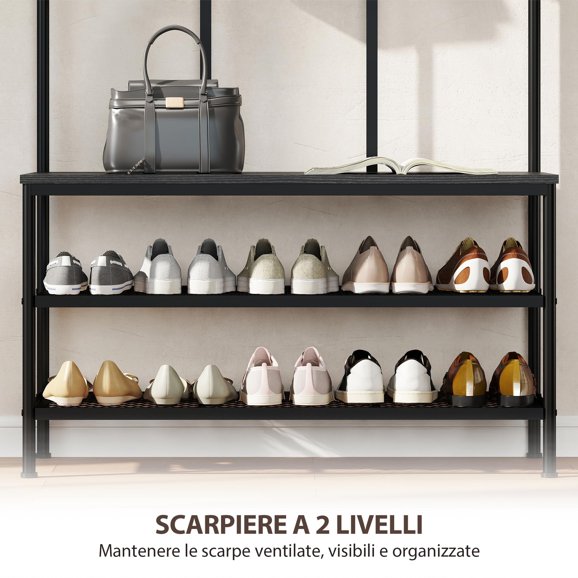 HOMCOM Appendiabiti da Ingresso 3 in 1 con Scarpiera 91x36x180 cm Nero | Attaccapanni Stile Industriale con Panca, 6 Ganci, 2 Ripiani Porta Scarpe