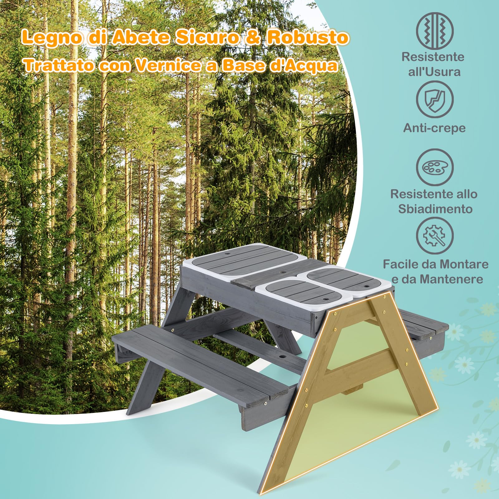 COSTWAY 4 in 1 Tavolo da Picnic per Bambini, Tavolino Sabbiera | Set di Tavolo e Panca in Legno per Spiaggia con Ombrellone e 3 Scatole di Plastica Rimovibili per Patio, Giardino e Cortile