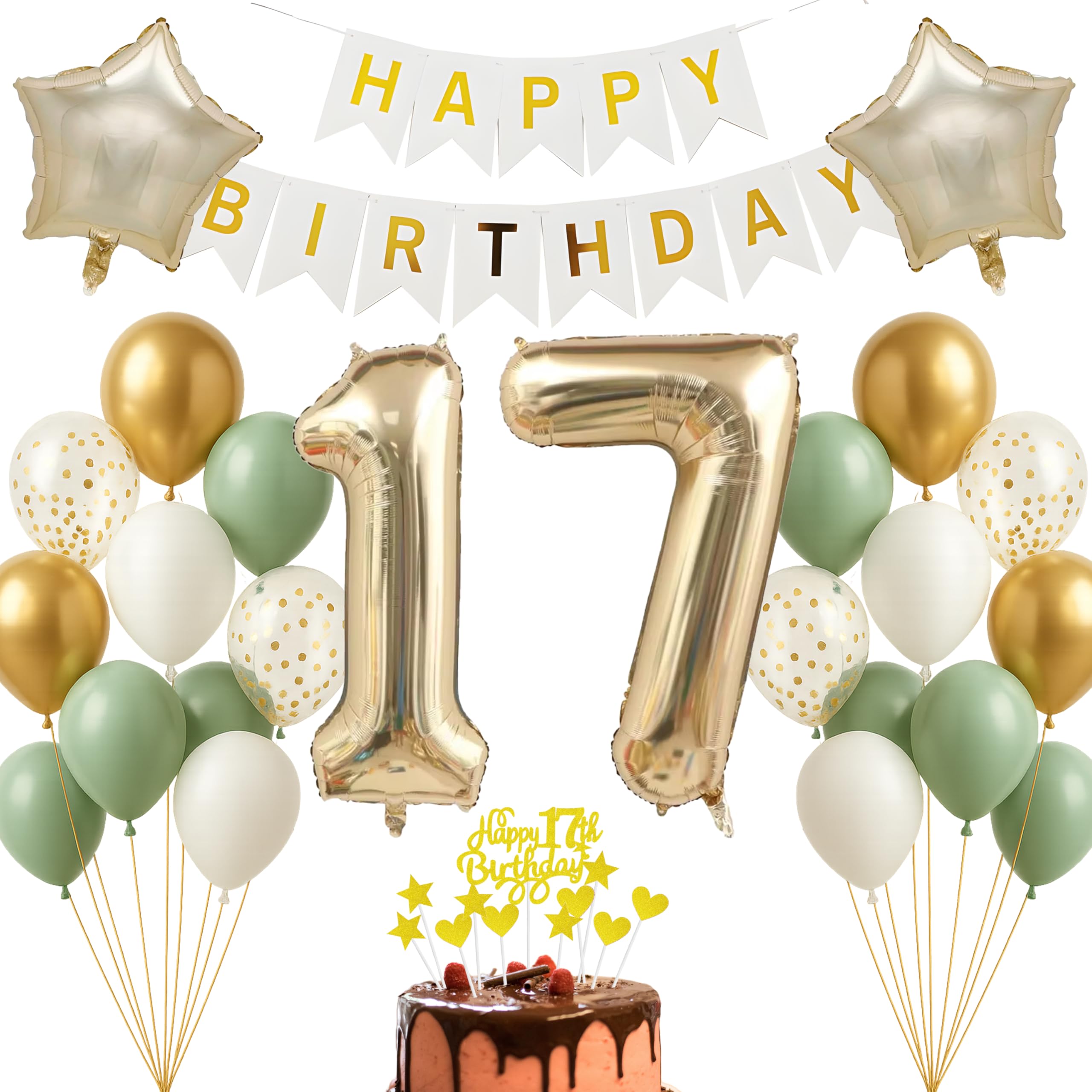17th Birthday Decoration Set Champagne Gold White Sage Green Happy Birthday Banner for Teenagers Boys Girls Decoration for 17th Birthday Decoration Photo Background Balloon Decoration Party Decoration