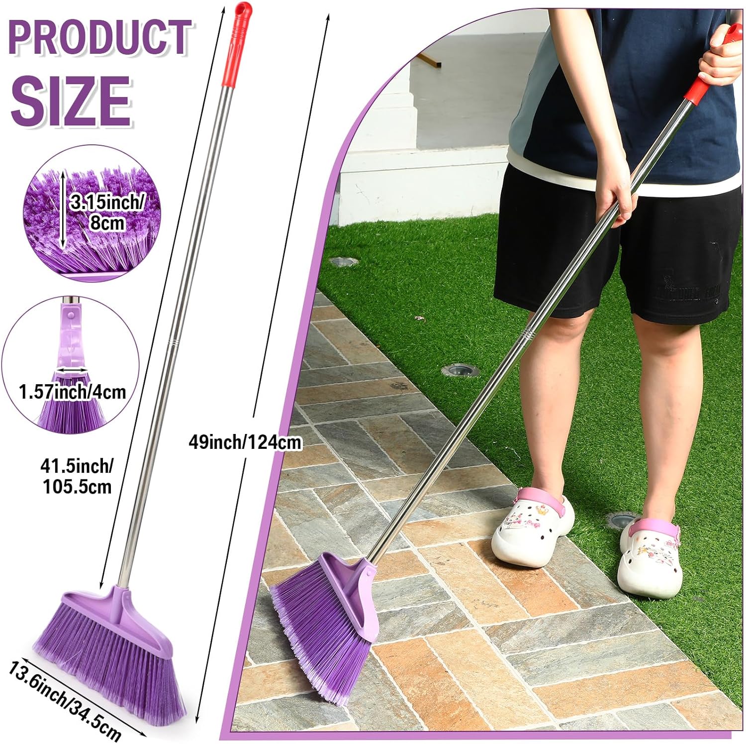 Lasnten Lasnten 8 Pack Heavy Duty Broom for Indoor Outdoor 49 Inches Commercial Broom with Stainless Steel Detachable Long Handle Commercial Cleaning Tools for Home Garage Office Patio Floor, Purple