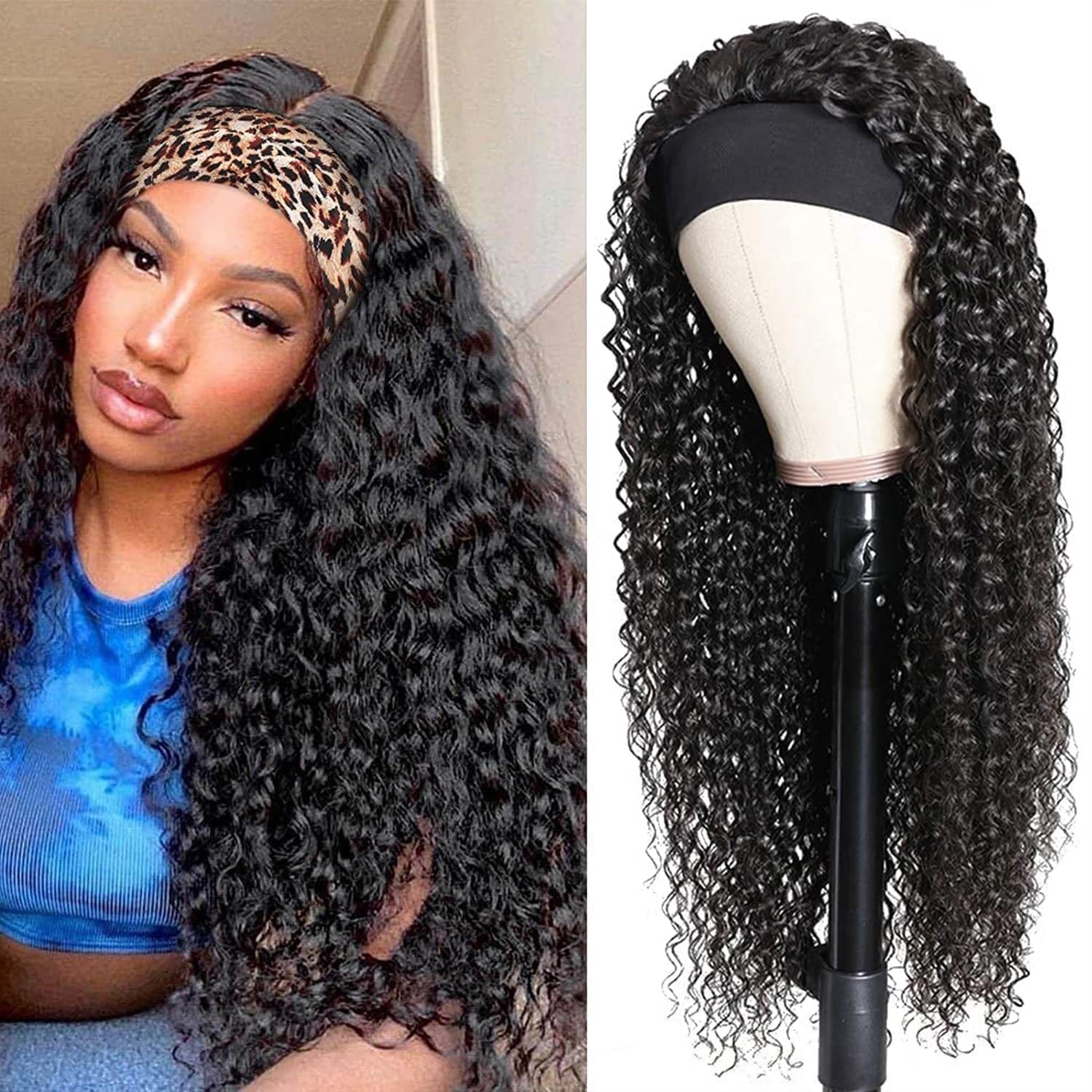 Bellarayine Headband Wig Deep Wave Glueless Human Hair 26 Inch None Lace Front for Black Women Virgin Hair Natural Color Machine Made