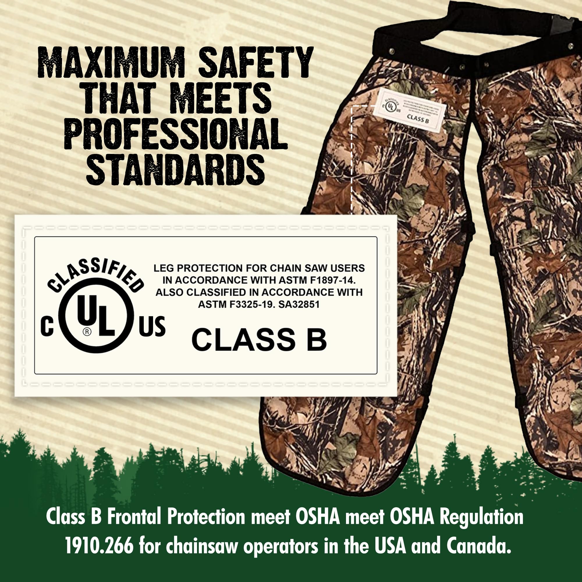 FORESTER Kettensägen-Chaps – Forstwirtschaftliche Kettensägen-Sicherheitsausrüstung, robuste Schürzen-Stil, Chap Hose mit verstellbarem Gürtel und Tasche