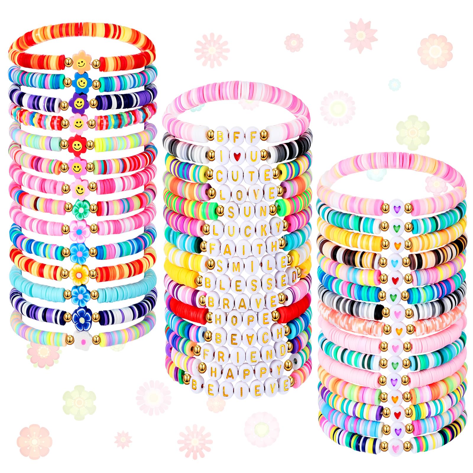 Ecally 44 Pcs Friendship Bracelet Heishi Surfer Clay Bead Set Preppy Bracelet Stackable Beach Boho Y2k Cute Jewelry for Women
