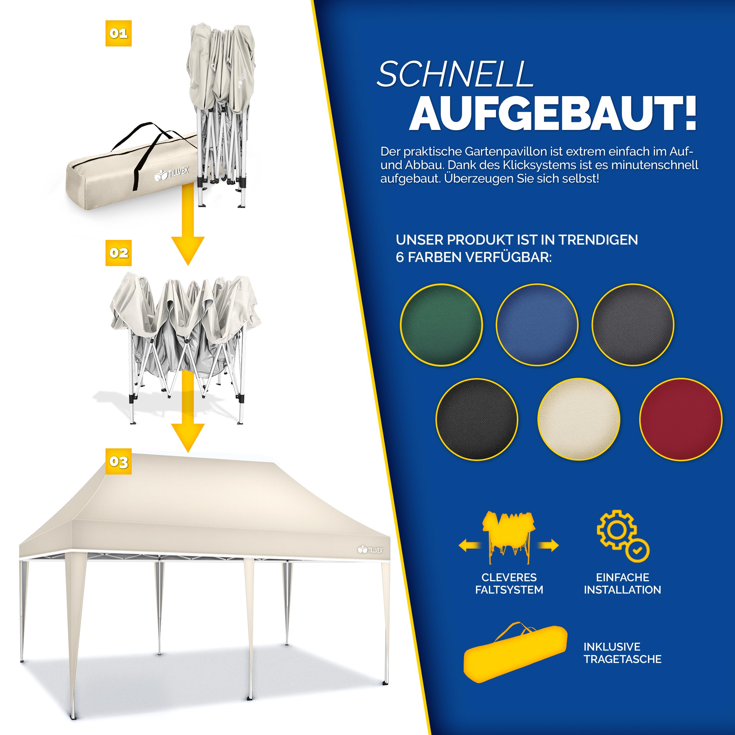 tillvex® Pavillon 3x6m Wasserdicht + 4X Sandsäcke | Stabil & Winterfest