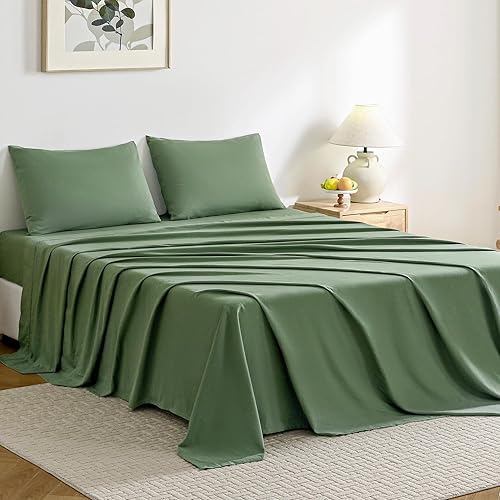 JELLYMONI Juego de sábanas de bolsillo profundo, 100 % algodón lavado, color verde, tamaño matrimonial, 1 sábana bajera, 1 sábana encimera y 2