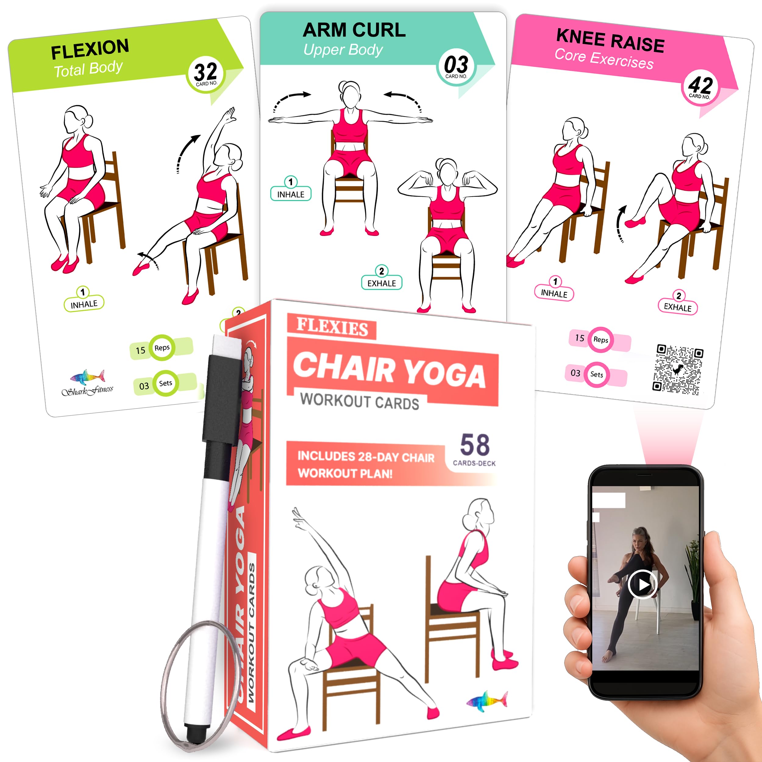 Flexies Chair Yoga Workout Cards with video Instructions – 58 Seated Exercise Cards for Strength, Flexibility & Weight Loss | Includes Postures,