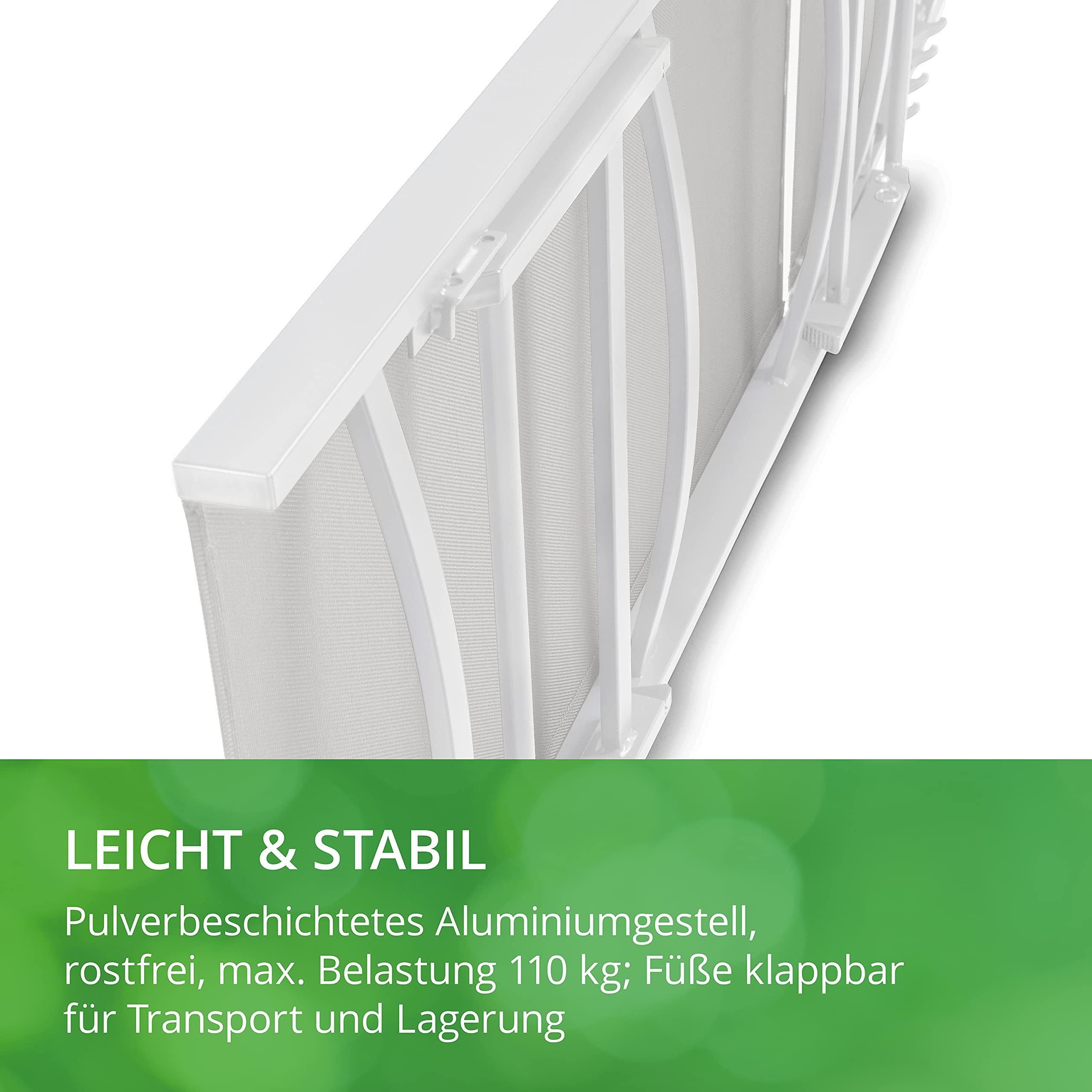 Leco-Sonnenliege Elina – Formschöne Aluminium-Gartenliege mit 5fach Verstellbarer Rückenlehne und einklappbaren Füßen – Gestell Weiß
