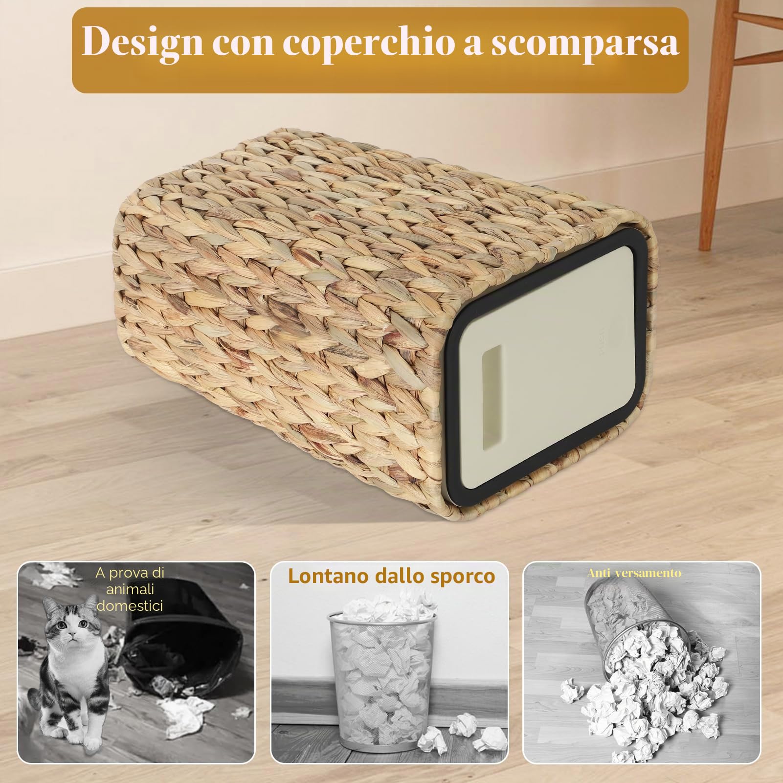 Cestino da Cucina Boho 12 Litri con Coperchio a Scomparsa, 2 in 1 in Rattan per Spazzatura, Piccolo per Bagno e Ufficio - Beige