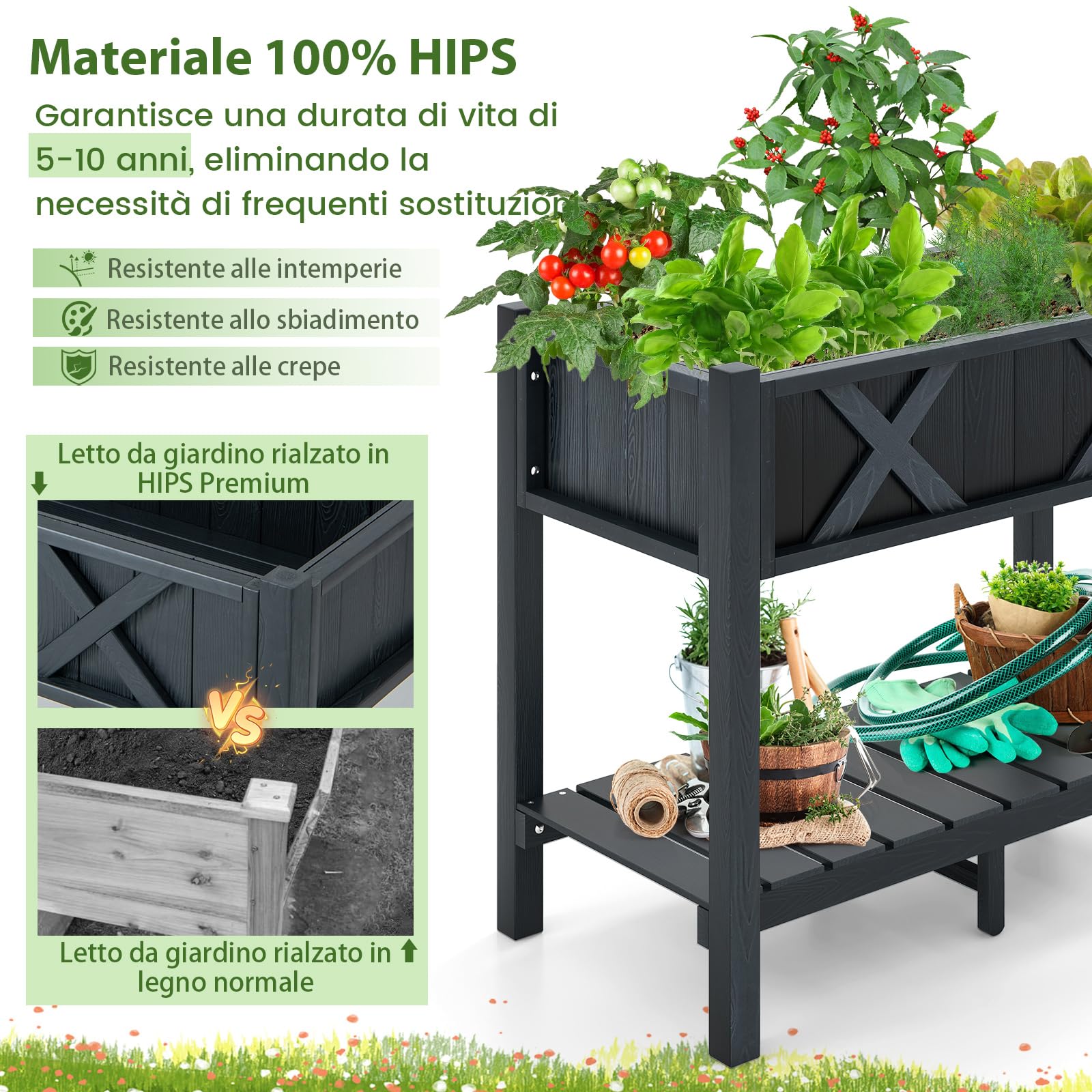 RELAX4LIFE Fioriera da Esterno, Orto Rialzato da Esterno con 12 Fori di Drenaggio, Fioriera Legno con Ripiano Inferiore per Fiori, Erbe e Frutta, per Balcone, Giardino (86x45x73cm, Nero)