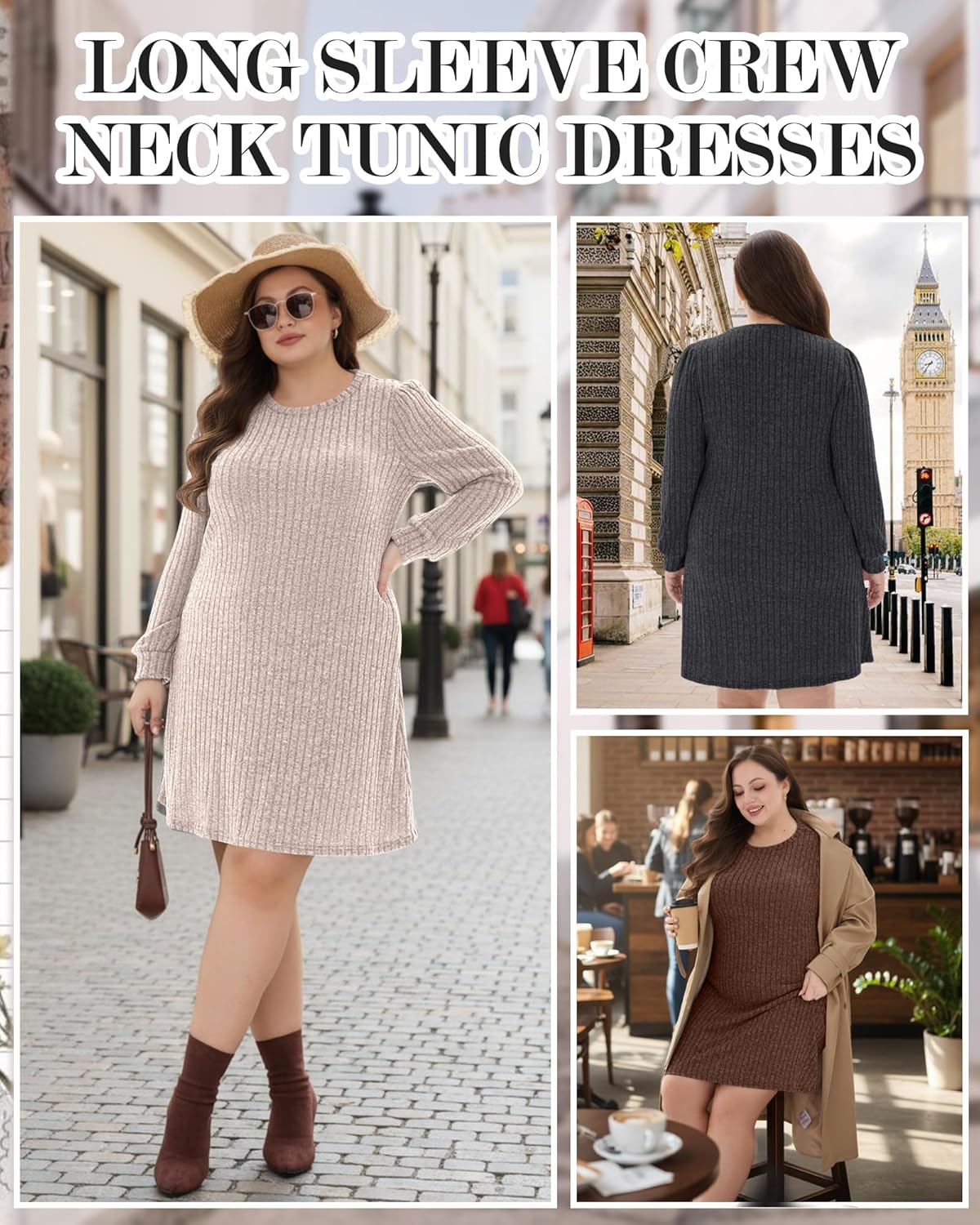 3 Pack Women's Plus Size Sweater Dresses Long Sleeve Crew Neck Tunic Dresses Ribbed Knit Casual Loose Fall Outfits - Image 6