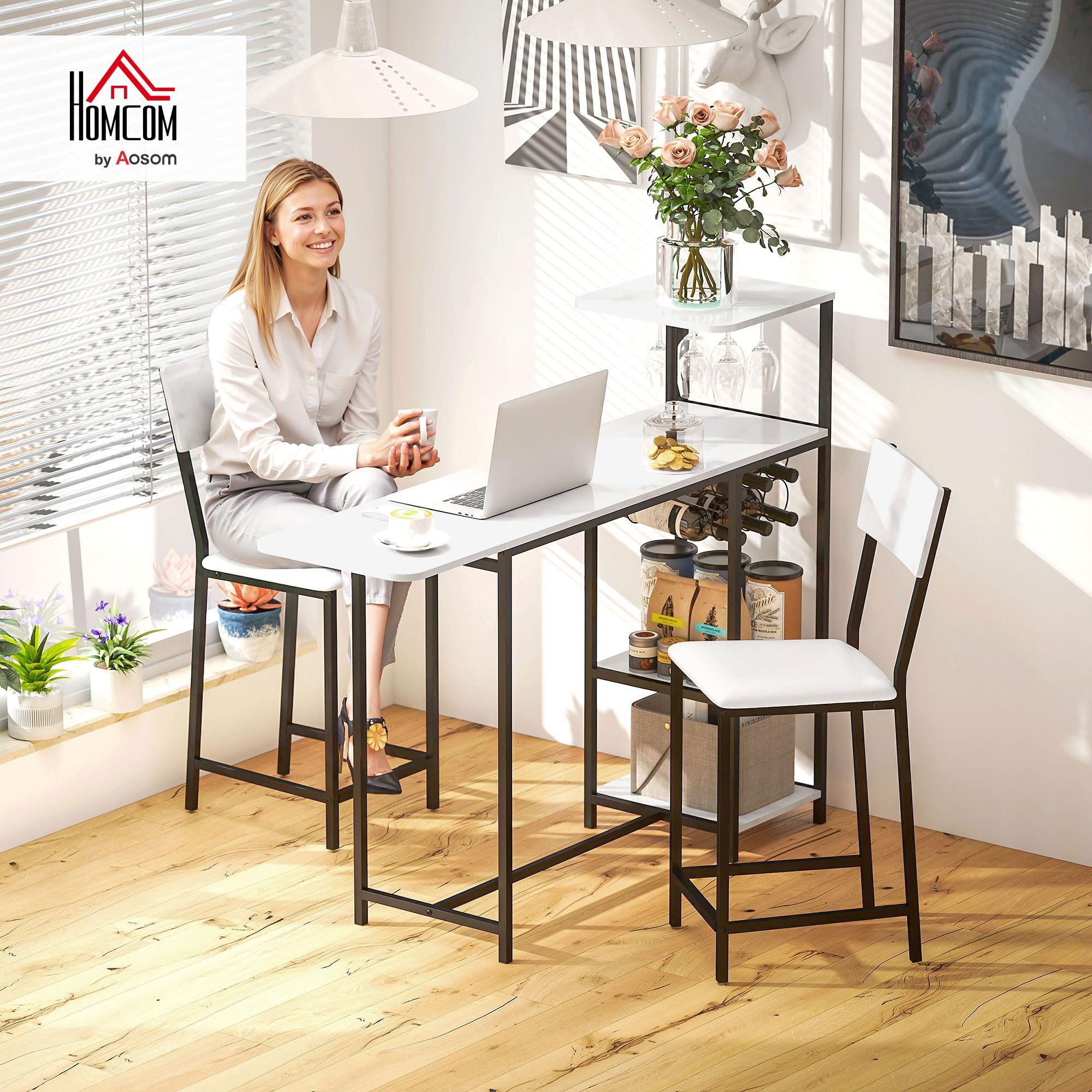 HOMCOM Ensemble Table de Bar avec tabourets, Table à Manger Debout avec 2 chaises de Bar, abattant Pliant, casiers à vin, Porte-Verres, étagères Ouvertes et Repose-Pieds, Effet marbre Blanc
