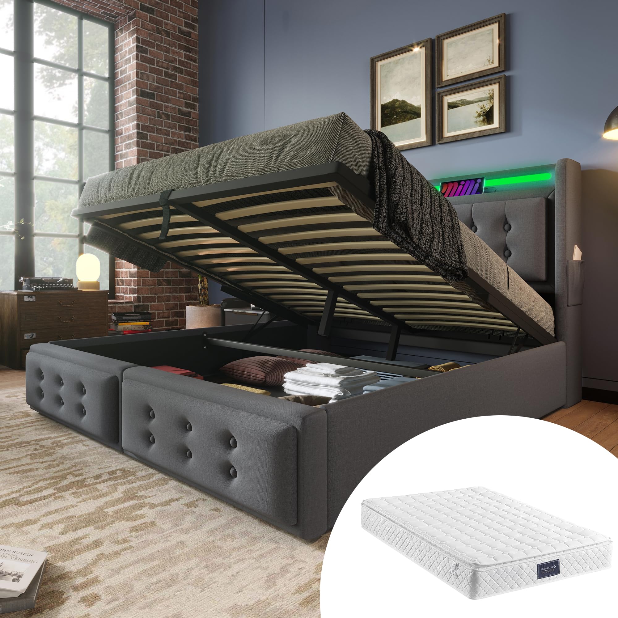 Letto imbottito 140 x 200, letto matrimoniale con testiera a LED e funzione di ricarica USB C, letto idraulico con rete a doghe in legno e struttura in metallo, portata 300 kg, colore grigio, cotone