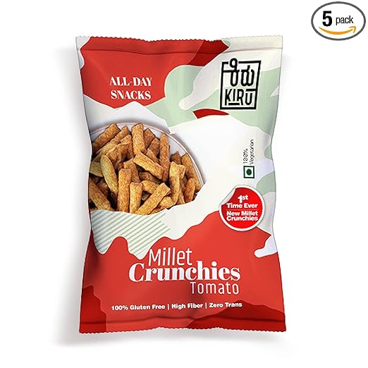 KIRU Millet Tomato Crunchies All Day Healthy Snacks 150gm Pack of 5 (30g x 5) , 100% Gluten Free, High Fiber, Zero Trans, Made In Karnataka