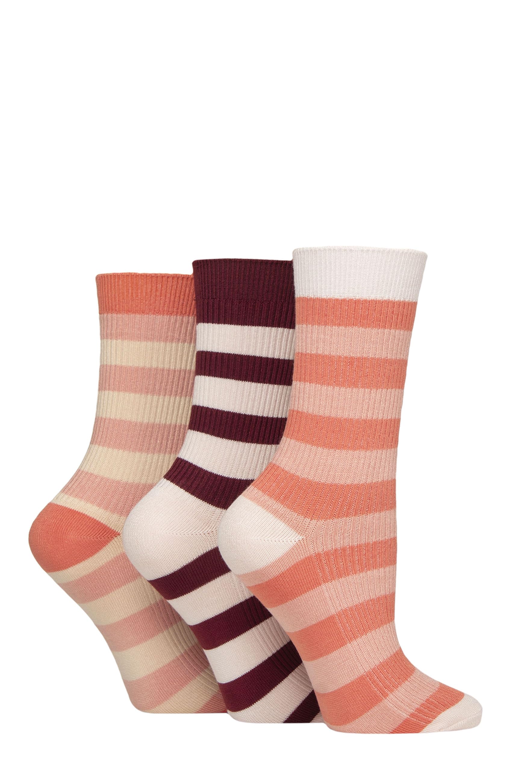Glenmuir Women's Stripes Pink / Burgundy Bamboo Leisure Socks - Plain, Patterned, Striped, Soft Breathable Bamboo, Regular, Day To Day, Casual Socks, 3 Pair Multipack Size 4-8 Stripes Pink/Burgundy
