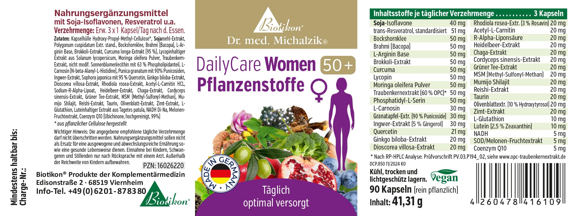 DailyCare Women 50+ Dr. Michalzik, 51 mg Resveratrol, 180 Kapseln | Mit Soja-Isoflavonen, Resveratrol, Curcuma und Traubenkernextrakt OPC • eigene deutsche Produktion • ohne Zusätze