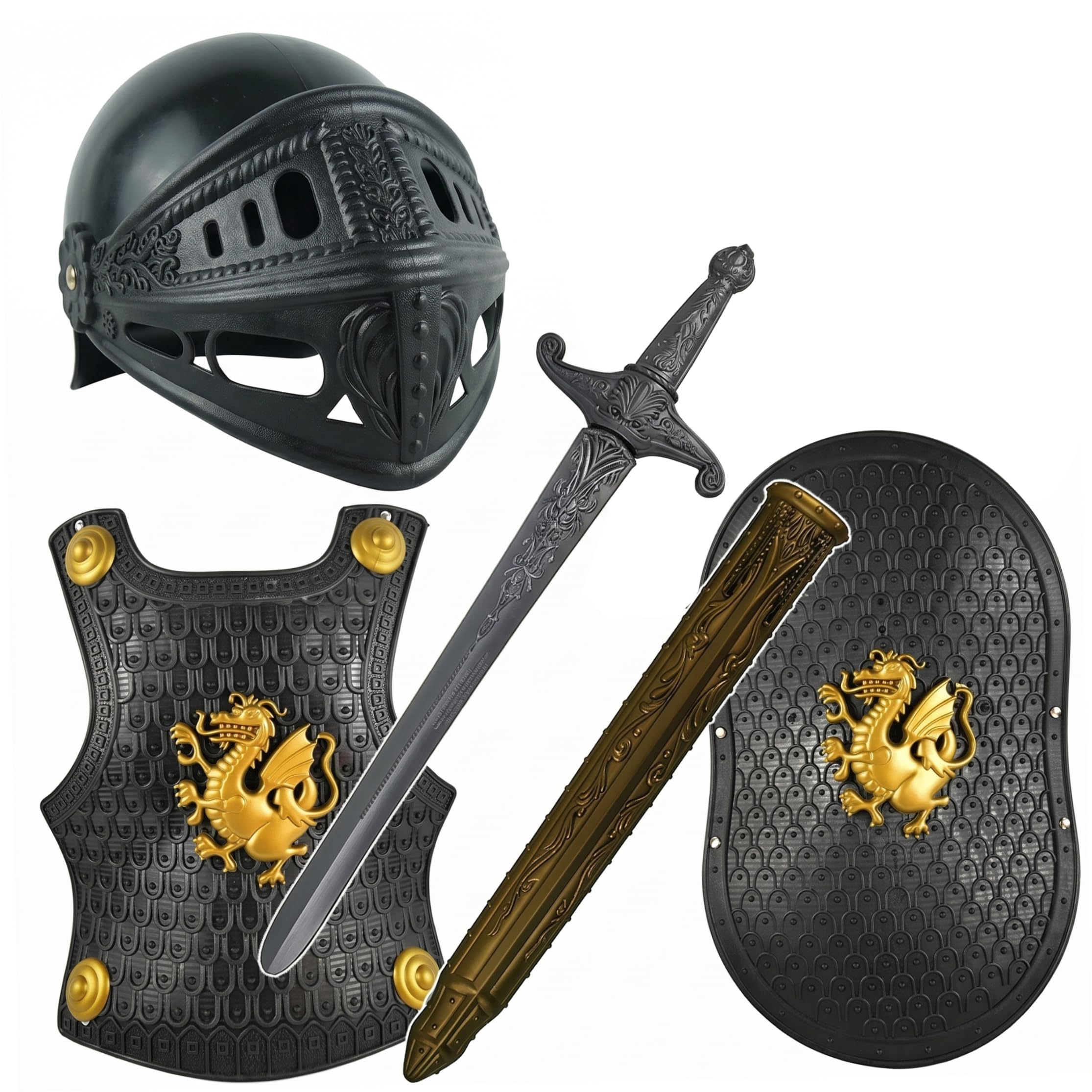 Costume da cavaliere per ragazzi set di armature per bambini a tema drago di Halloween spada scudo e casco inclusi nero