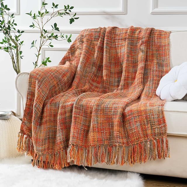 BATTILO HOME Sofa Throw Blanket with Fringe Rustic Farmhouse Decorative Boho Knitted Throw Travel Blanket Nap Throw for Armchair, Couch and Bed (Burnt Orange)