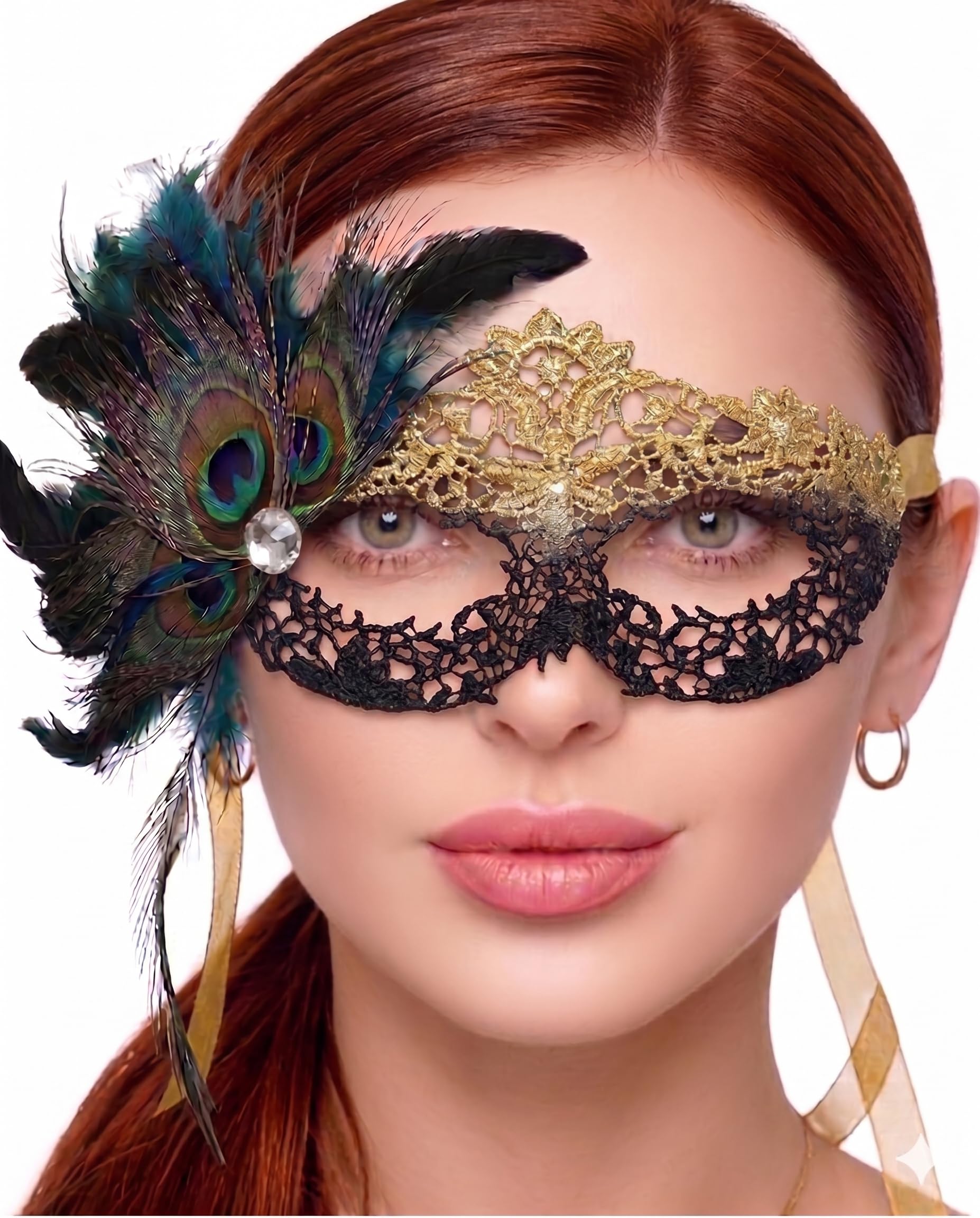Masquerade Mask For Women Lace Masquerade Mask for Masquerade Party Prom Venetian Party Mardi Gras Halloween, Flower Bg Peacock Feather, One Size
