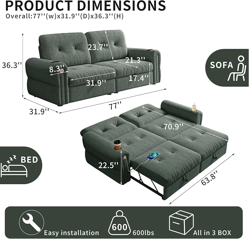 Trygoal 77" Convertible Queen Sofa Bed with USB Port & Cup Holders, Green image 2
