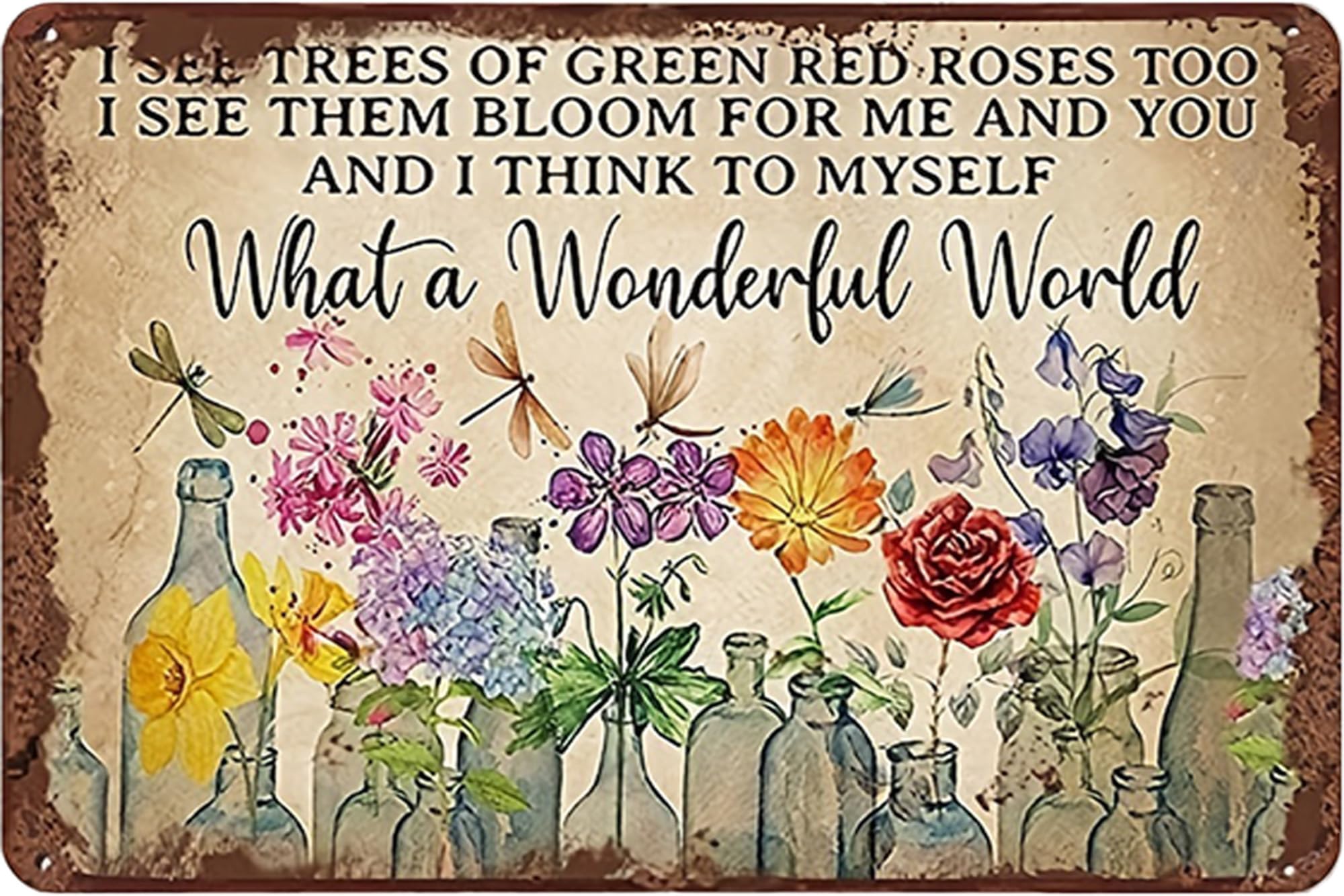 Nianxi What A Wonderful World Retro Flower Metal Sign,Vintage Garden Tin Sign,For Home Greenhouse Yard Outdoor Cottage Bedroom Decor,Gardening Gifts 8X12 Inch (What A Wonderful World)