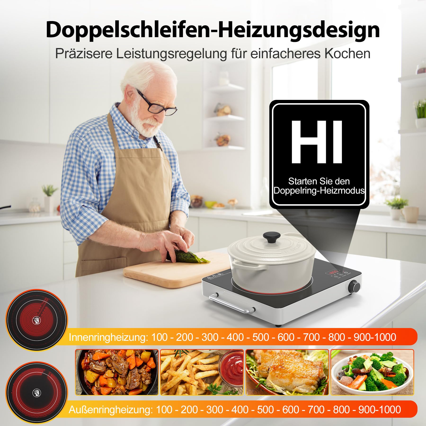 VBGK Cerankochfeld 1 Platte 220V Touch Knopf Elektrokochfeld 2000W Einzelnes Keramikkochfeld 10 Leistungsstufen Kindersicherung Timer