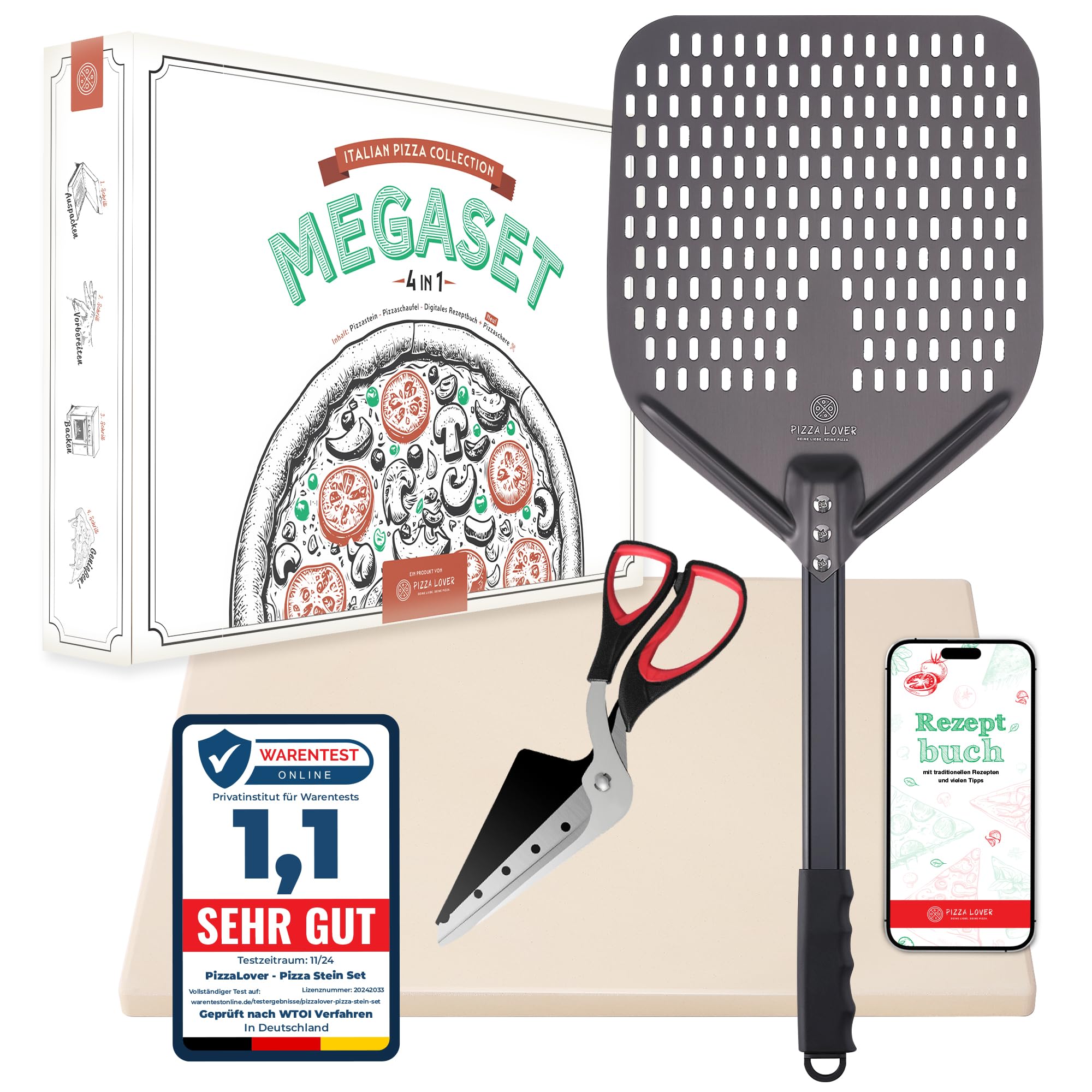Pizza Lover Juego de piedras para pizza premium para horno y barbacoa, 4 en 1, incluye tijeras para pizza, pala perforada para pizza (anodizado duro), piedra para pizza hasta 800 °C de cordierita +