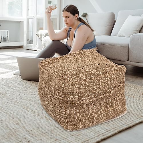 Miniatura 2 de LIFKOME Reposapiés cuadrado otomano de algodón, hecho a mano, tejido a mano, reposapiés de algodón y lino, cojín cuadrado para el suelo, cojín de