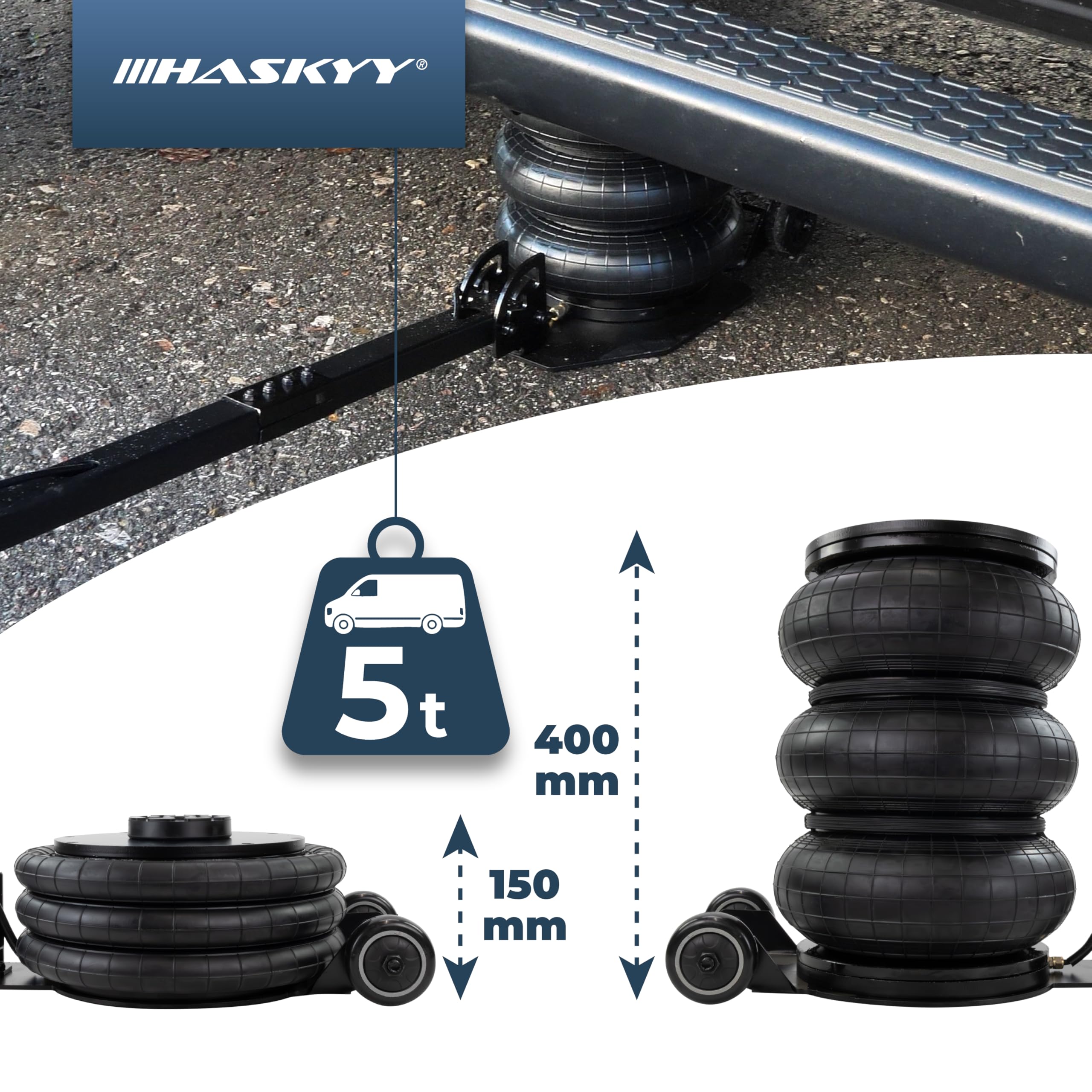 HASKYY Cric pneumatique 5T Hauteur de levage 150-400mm Cric à air triple sac airbag Cric pneumatique Cric à air 5 tonnes
