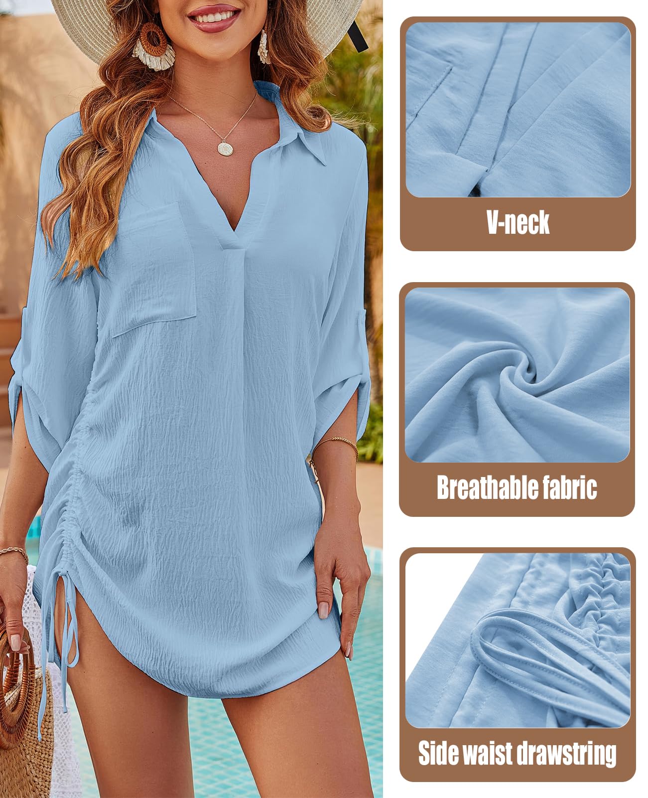 Copricostume Donna Mare Camicia Lunga Estiva Scollo a V Copri Costume da Spiaggia Sciolti Abito da Spiaggia Casual Bikini Cover Up Regolabile Copribikini