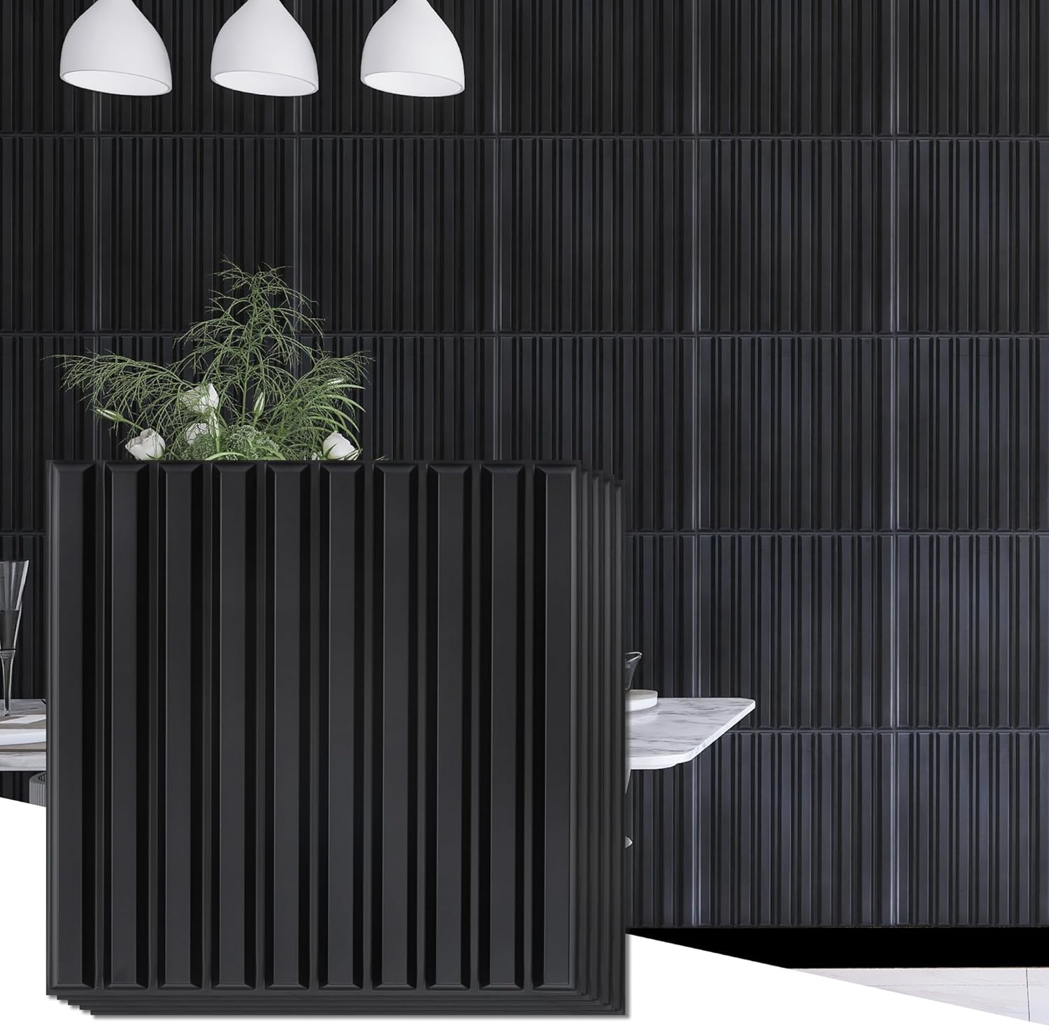 KASARO 3D Black Slat Wall Panels for Interior Wall Decor, 12 Pack 19.7x19.7 inch PVC Fluted Textured Paneling Glue up Covering Decorative Tiles for Living room Bedroom