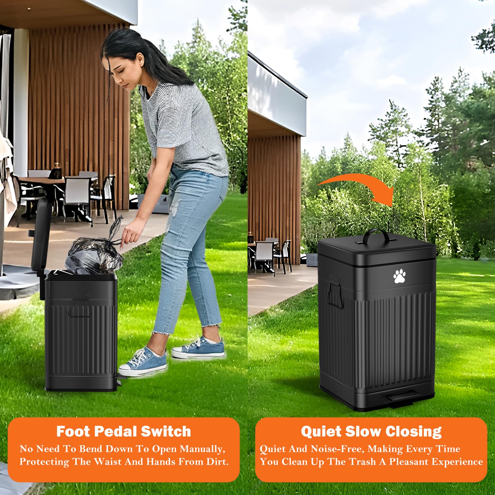 Cubo de basura para excrementos de perro en el exterior, cubo de basura de metal de 12 L/3.1 galones con tapa, pedal de pie, contenedor de residuos para perros con 40 bolsas de residuos