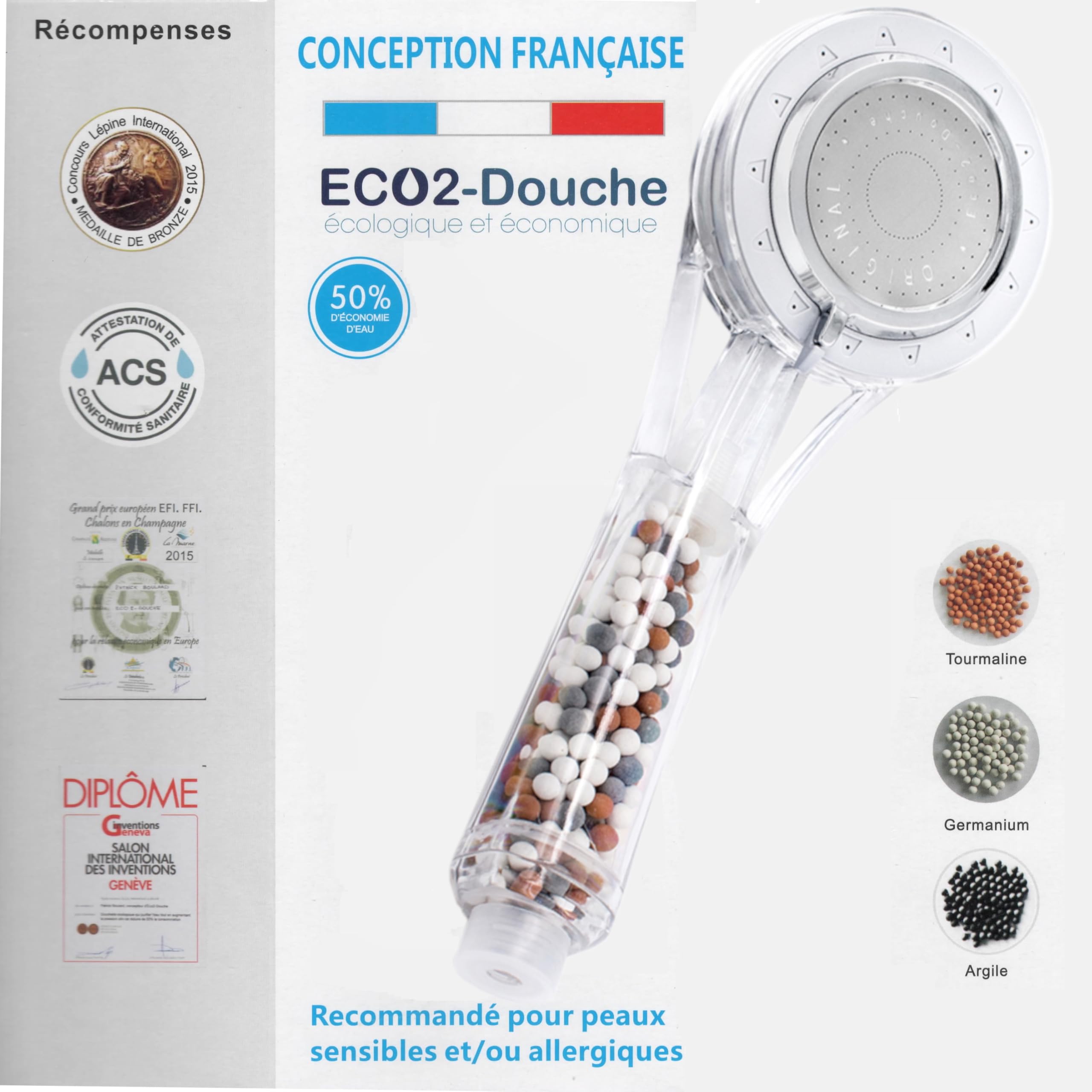 L'ORIGINAL Français – Pommeau Économique 50% d’Économie d’Eau – Longue Durée de Vie – Certifié ACS – Médaillé Concours Lépine – Installation Universelle