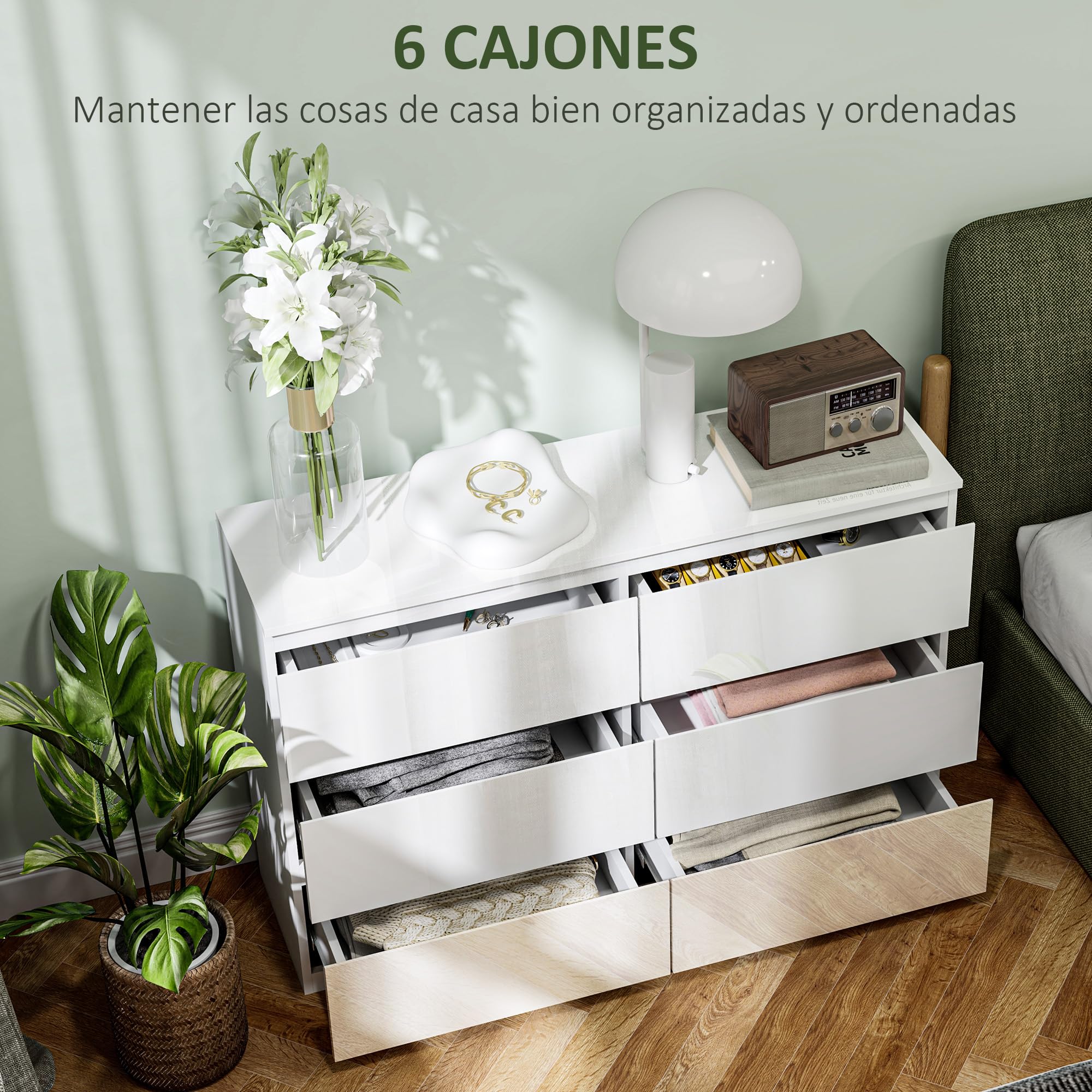 HOMCOM Cómoda con 6 Cajones Cómoda de Dormitorio Moderno con Diseño Anti-vuelco Cajonera para Salón Pasillo 112x34x75 cm Blanco Brillo