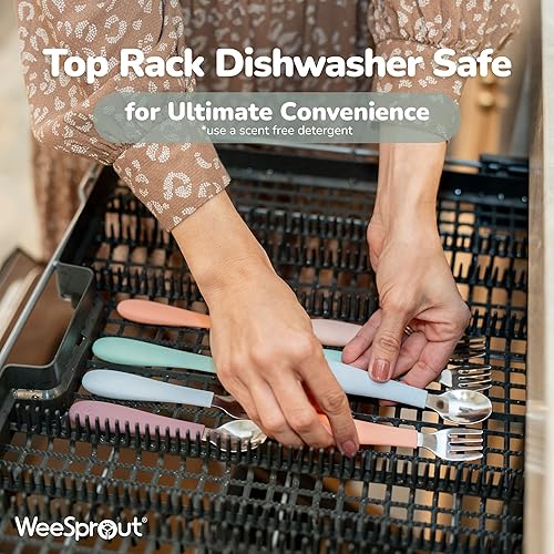 Vista 6 de WeeSprout Utensilios para niños pequeños, 3 tenedores y 3 cucharas, acero inoxidable 18/8 y silicona de grado alimenticio, asas gruesas de fácil