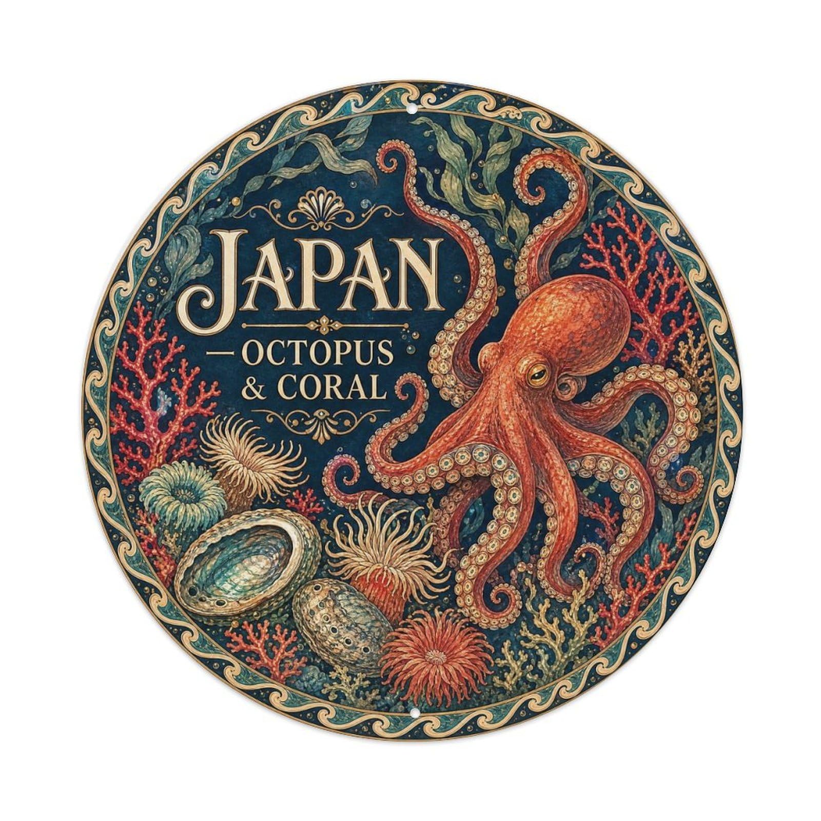 Olyhtr 8X8inch Classic Style Taisho Japan Octopus Coral Ceramic Folk Pattern Metal Tin Sign