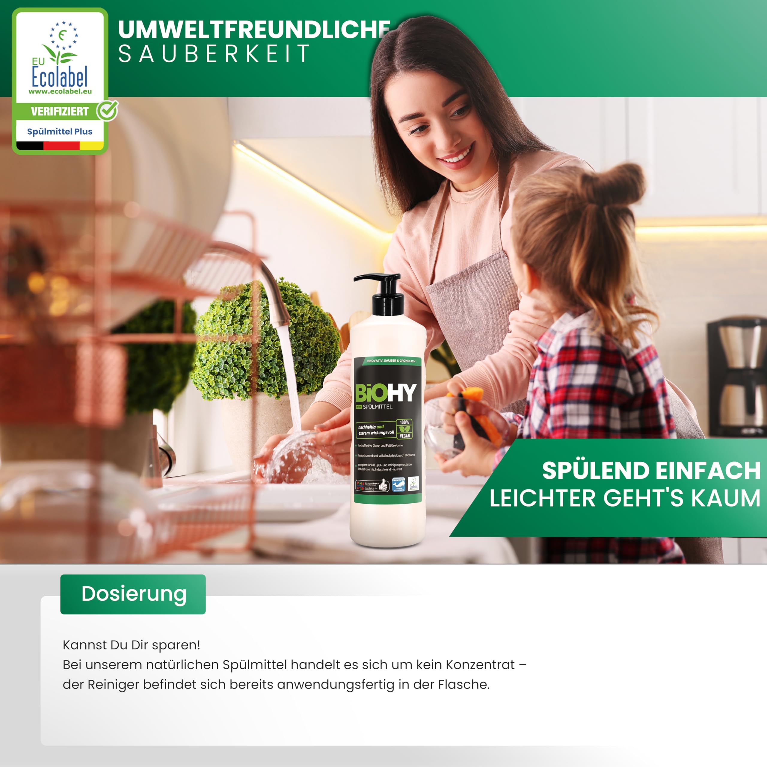 BiOHY Detergente para lavavajillas Plus (botella de 1 l) + dispensador de bomba, concentrado líquido orgánico para vajilla con etiqueta ecológica de la UE, desengrasante extrapotente, ideal para