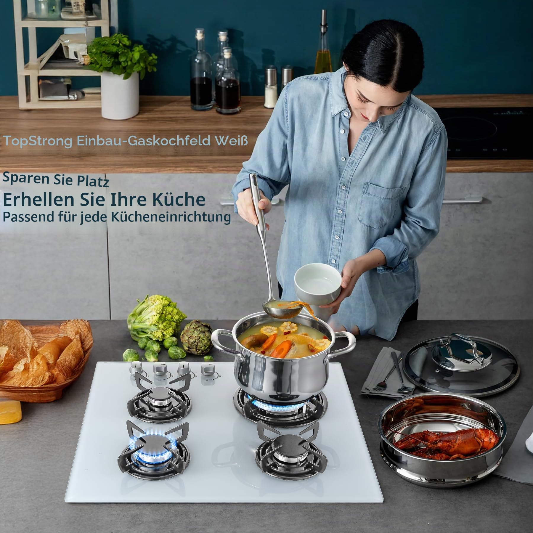 TopStrong Gaskochfeld mit 4 Brennern, Einbau-Glaskochfeld 60 cm, Natur-/Propangasherd, weißes Glas, Flame-Out-Schutz, emaillierte Grills, 8060W