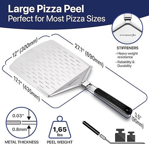Vista 10 de KitchenStar Pala de pizza de metal de 12 pulgadas con mango plegable, paleta de espátula de acero inoxidable para transferencia de pizza sin No