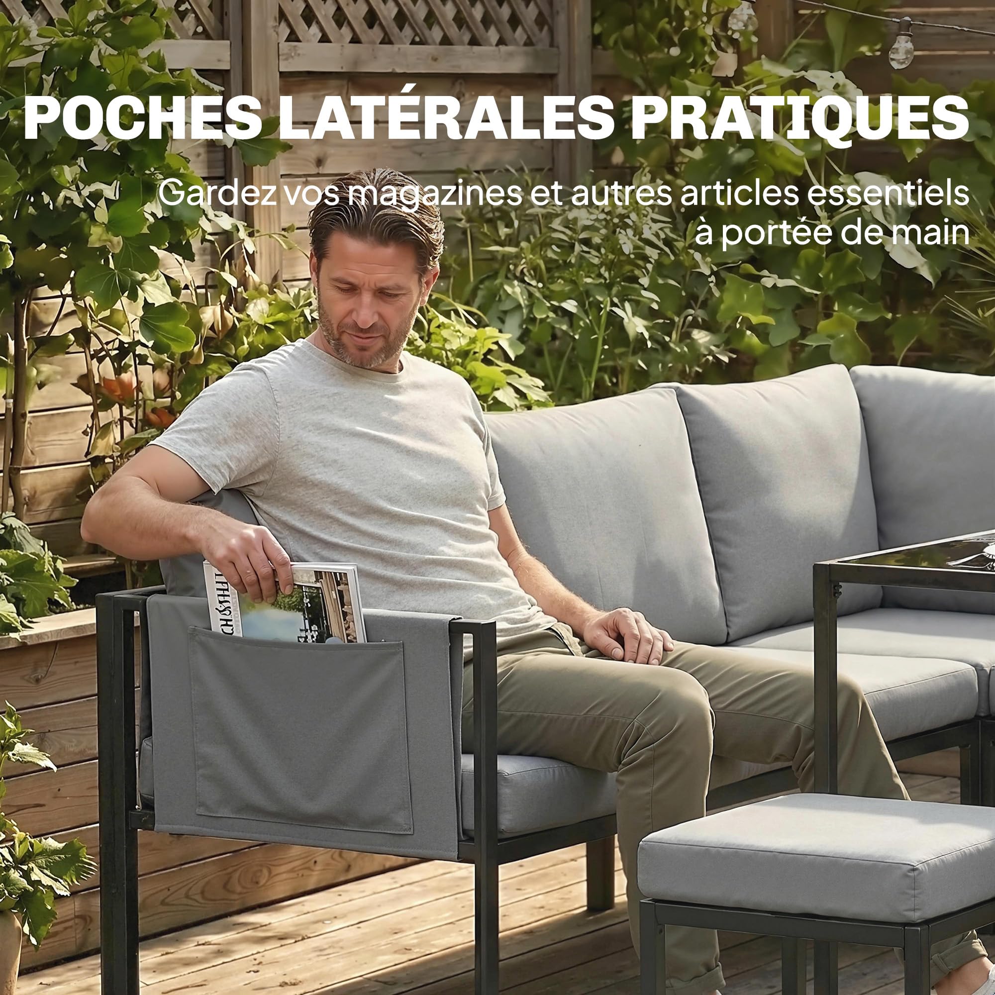 Outsunny Salon de Jardin 6 Pièces Canapé d'angle Extérieur Acier Gris | Ensemble Meuble de Jardin avec Coussins 10cm, Table Haute, 2 Repose-pieds, Mobilier de Terrasse 7 Personnes, Textilène