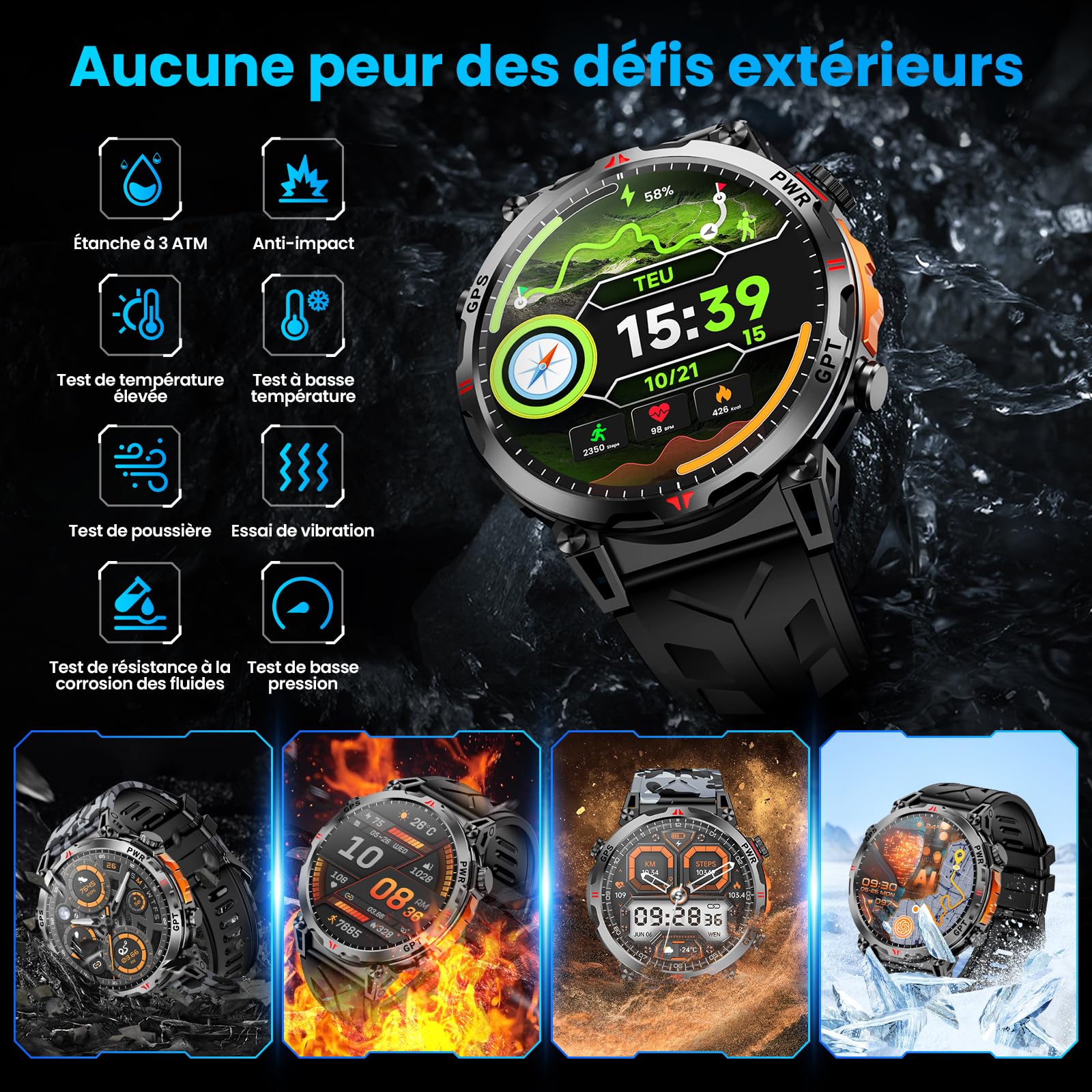 Montre Connectée Homme Militaire 1,56", avec GPS / AI Cadran / Vocal GPT | Boussole/Appel Bluetooth/Détection Pression de Fréquence Cardiaque, Compatible avec Android et iOS, 100 + Modes Sportifs GPS