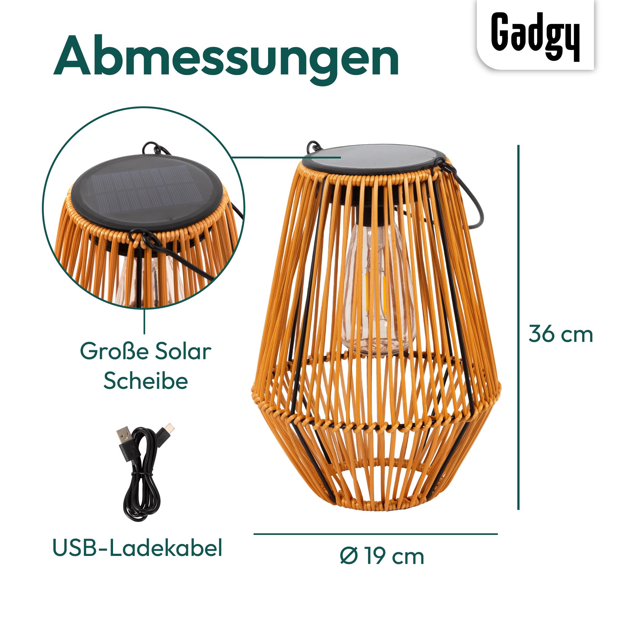 Gadgy Solarlampe für Außen Garten – Wetterfeste Solar Laterne Rattan-Optik Warmweiß LED Dekorative Solarleuchte