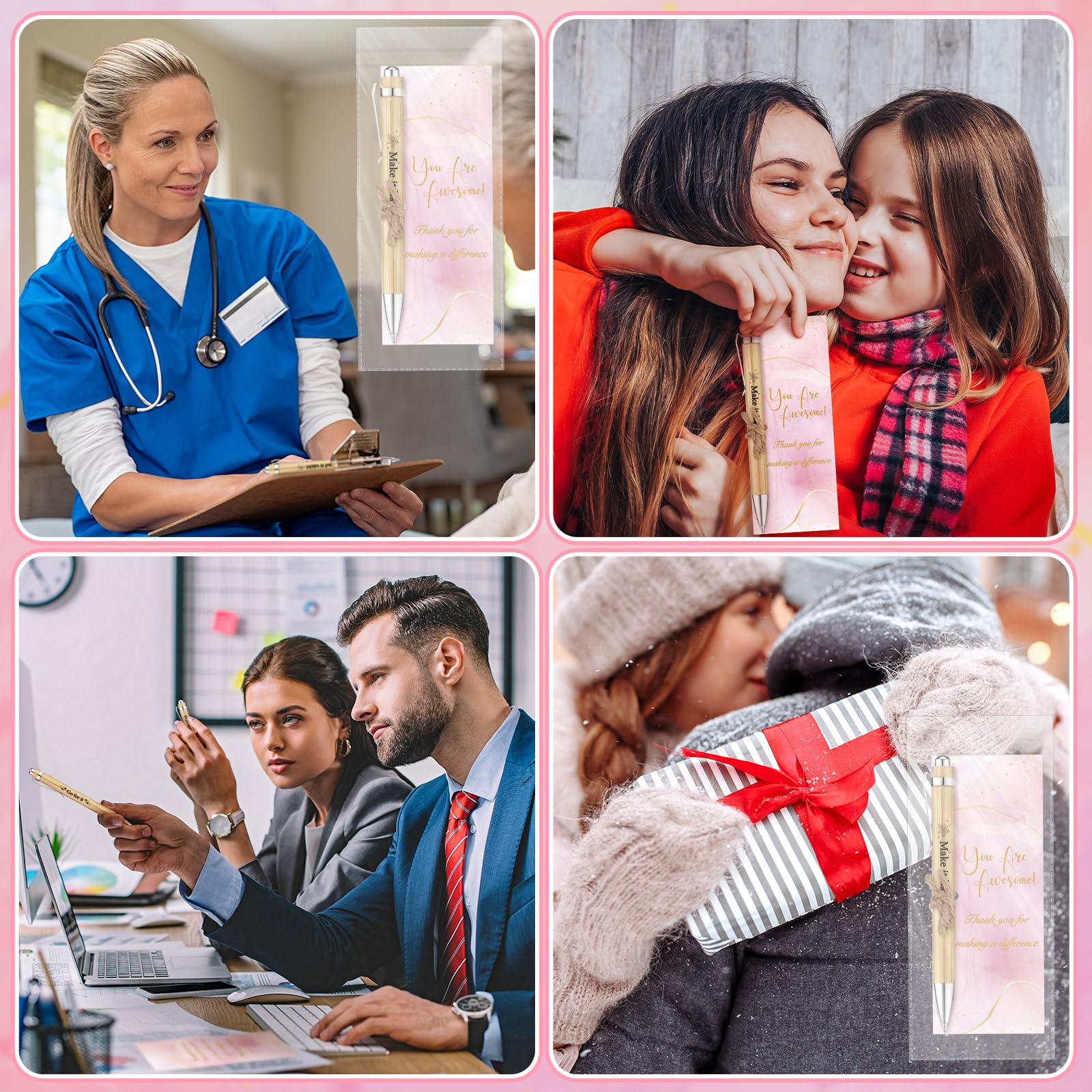 Qeeenar 50 Sets Inspirational Bamboo Pens Gifts with Cards Bulk Motivational Small Gifts Inspiration Party Favors Employee Appreciation Staff Gifts Graduation Gifts for Women