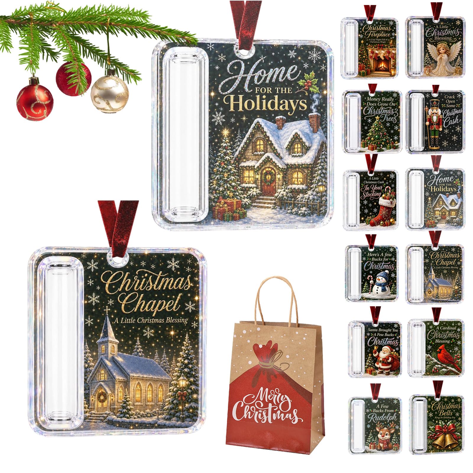 Christmas Cash Gift Holder Ornament, Christmas Money Holders for Cash Funny Hanging Xmas Tree Decoration, Unique Money Gift for Christmas Graduation Back To School (2PC-D)