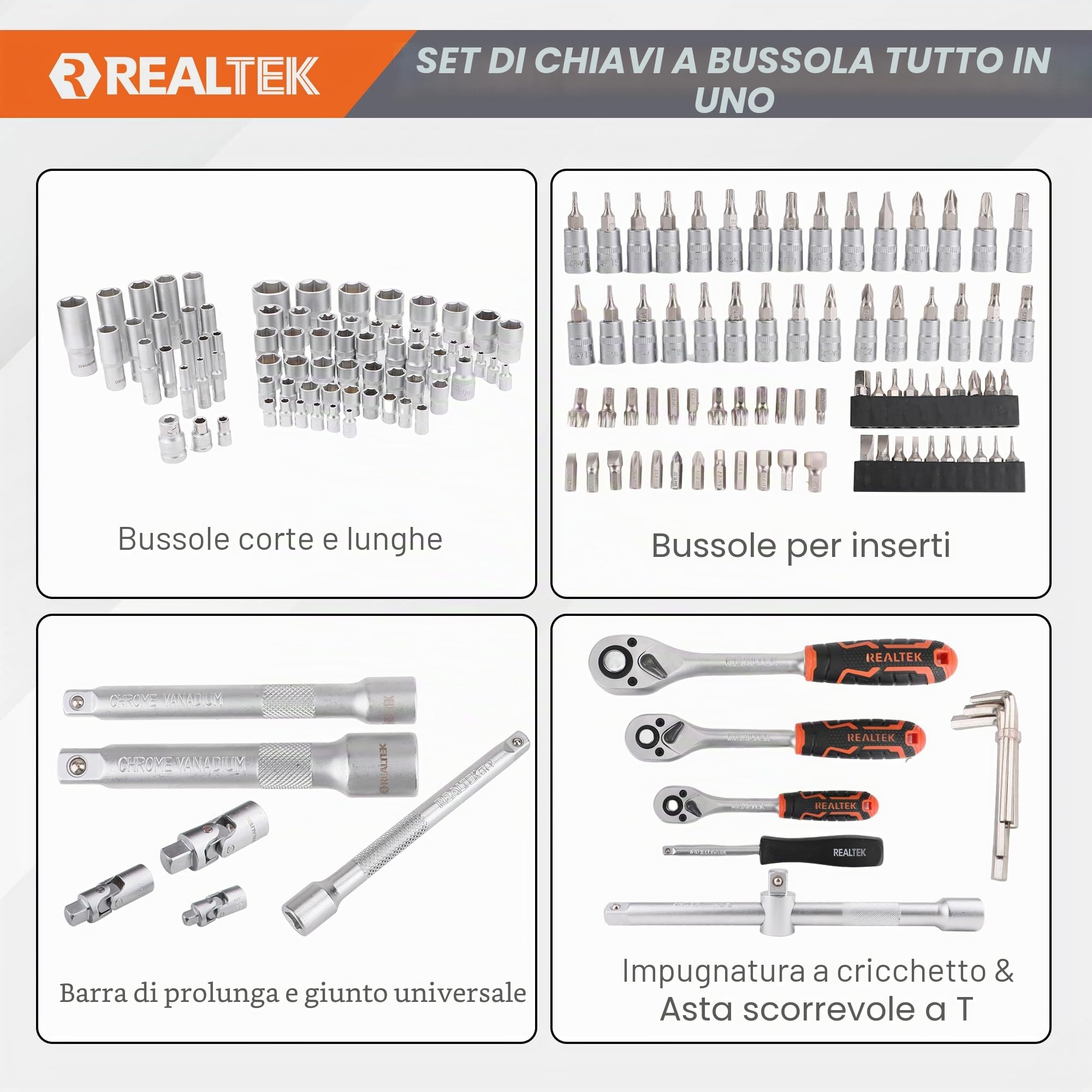REALTEK Set Chiavi a Bussola, Chiavi a Cricchetto 1/4''+3/8"+1/2'' 172 Pezzi, 72 denti, Cr-V, Adatto per Lavori su Biciclette e Automobili le riparazioni