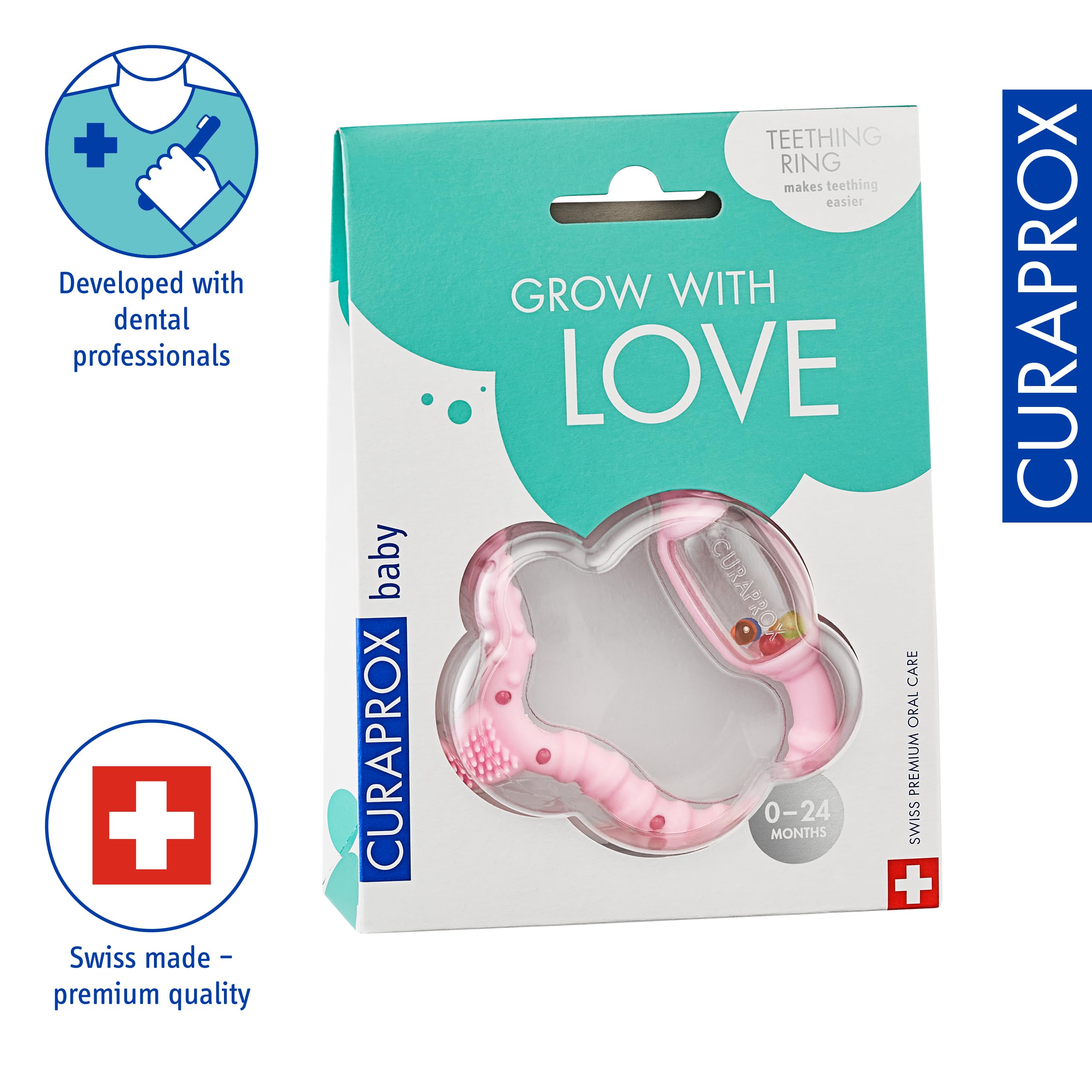 Curaprox Baby Dentizione Anello-Per neonati 0-24 mesi/Lenisce dentizione disagio e incoraggia le capacità motorie/BPA-Free, Rosa, con la formazione spazzolino da denti | Made in Switzerland