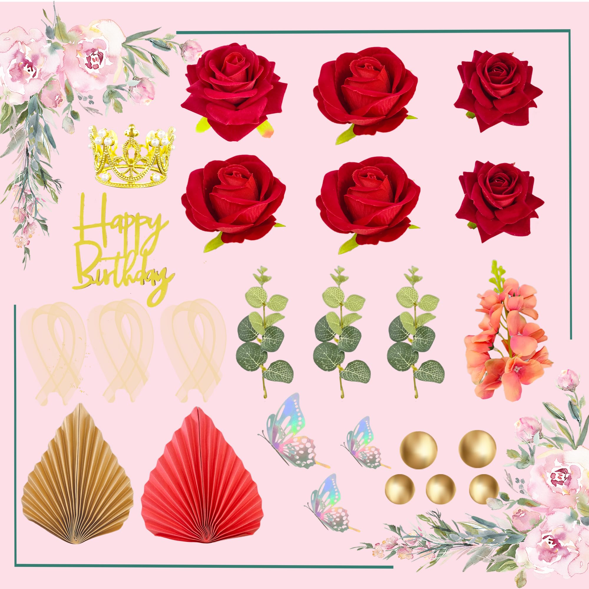 24CS Boho Cake Topper Flower Red Cake Toppers Flower Palm Leaves Faux Flowers Butterfly Balls Eucalyptus Butterfly Wedding Cake Topper Decorations Baby Shower Wedding Birthday Holiday Party Supplies