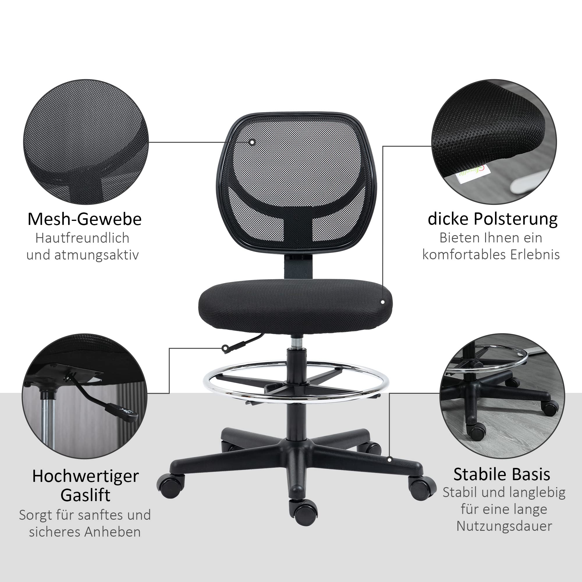 Vinsetto Bürostuhl Ergonomischer Zeichenstuhl Fußring 93-113 cm Schwarz | Verstellbarer Fußring, Höhenverstellbarer Drehstuhl, Schreibtischstuhl mit Rollen, Arbeitsstuhl