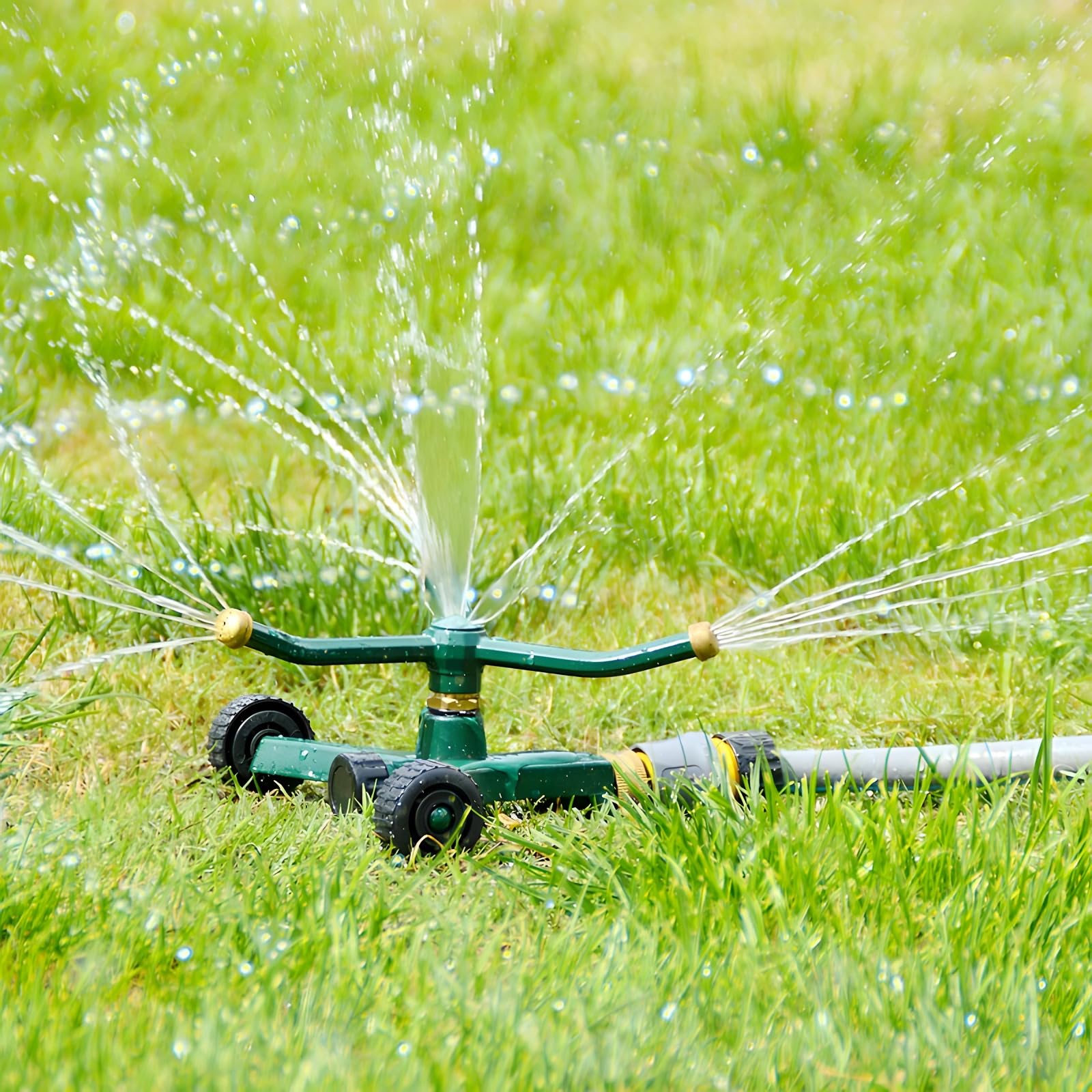 Irrigatore in metallo a 3 bracci con base ruota, irrigatore rotante a 360 gradi, copertura di 845 mq, ugello in rame, sistema di irrigazione da giardino a connessione rapida, per prato e aree esterne