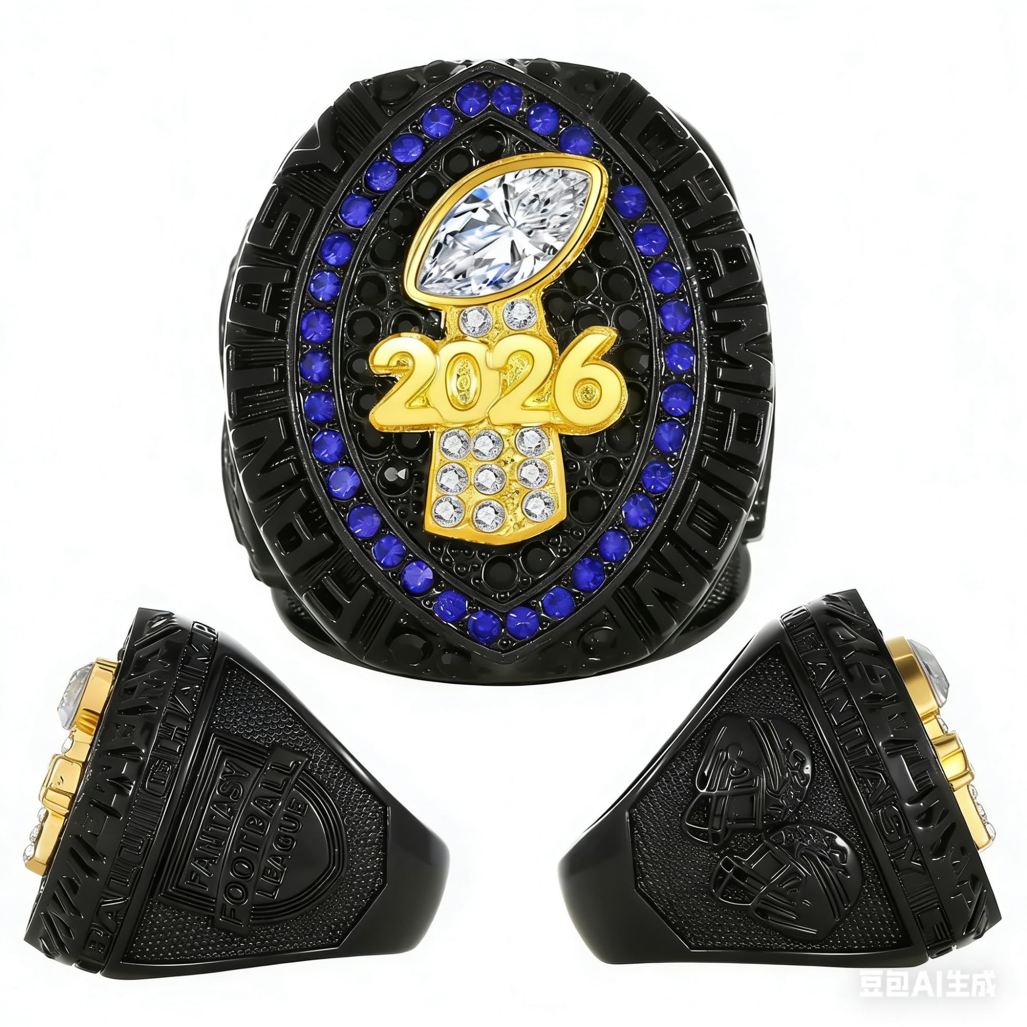 Fantasy-Football-Ring 2026, blau-roter Meisterschaftsring, Meisterschaftstrophäe, Geschenkbox, Ring-Display-Box